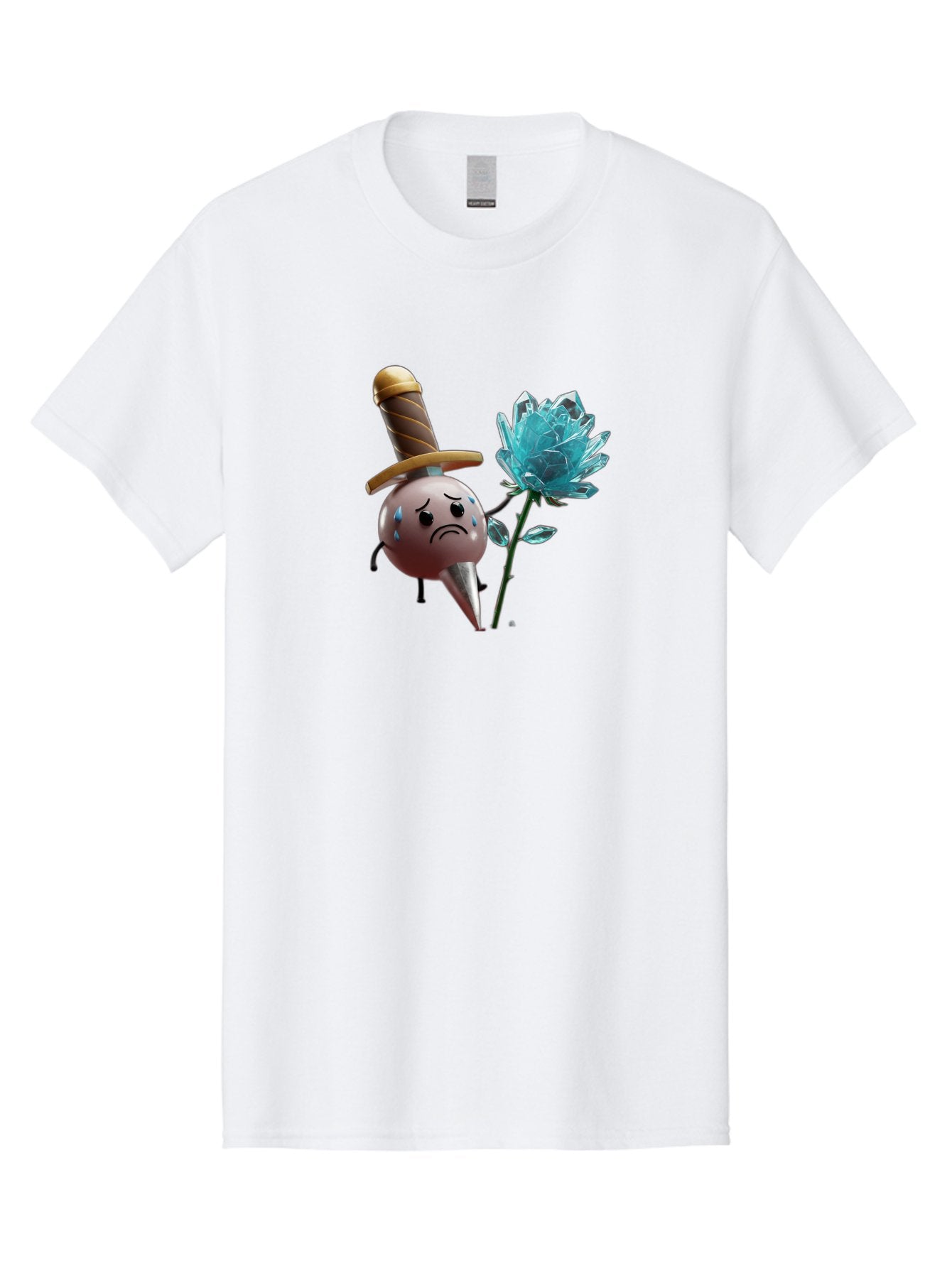 Sad-Bullet-Kin-With-Crystal-Flower Men'S Graphic Tee, 100% Cotton, Comfortable Casual Summer Wear, Machine Washable, Sad Bullet Kin, Crying Face, Blue Tears, Sword Hat, Crystal Flower, Cartoon Character, 3D Animation, Video Game Asset, Bae261 10