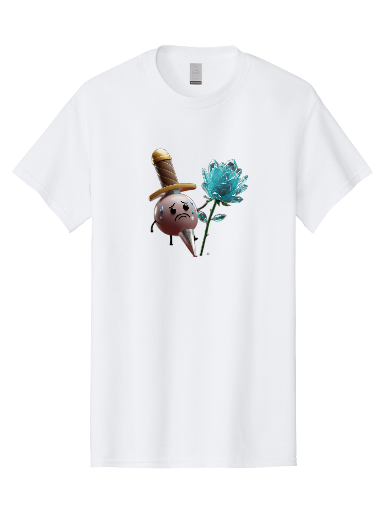 Sad-Bullet-Kin-With-Crystal-Flower Men'S Graphic Tee, 100% Cotton, Comfortable Casual Summer Wear, Machine Washable, Sad Bullet Kin, Crying Face, Blue Tears, Sword Hat, Crystal Flower, Cartoon Character, 3D Animation, Video Game Asset, Bae261 14