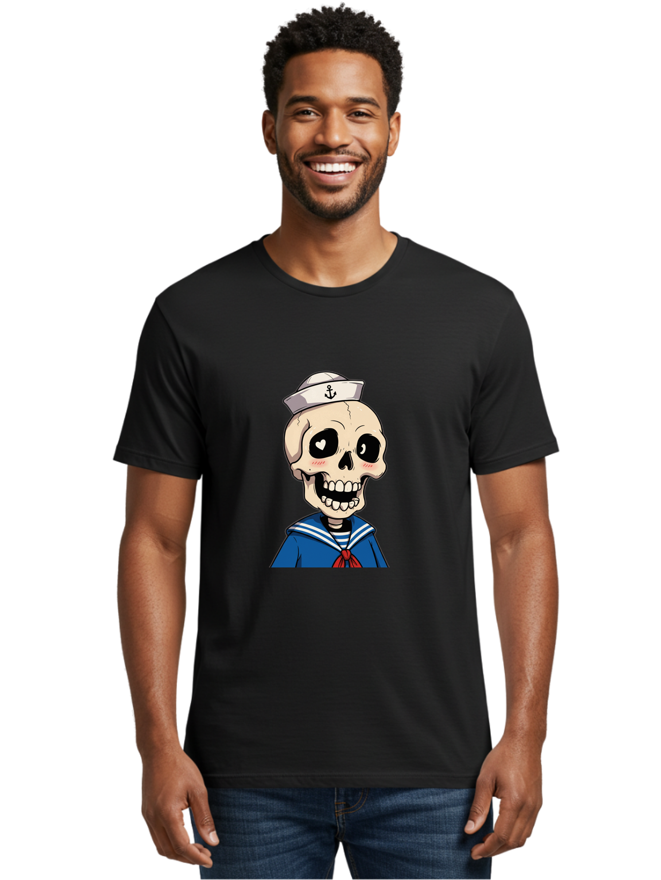Sailor-Skull Men'S Graphic Tee, 100% Cotton, Comfortable Casual Summer Wear, Machine Washable, Cartoon Skull, Sailor Costume, Nautical Theme, Heart-Shaped Eye, Charming Smile, Kawaii Style, Quirky Character, Skeletal Figure, Anchor Hat, Bae264 22
