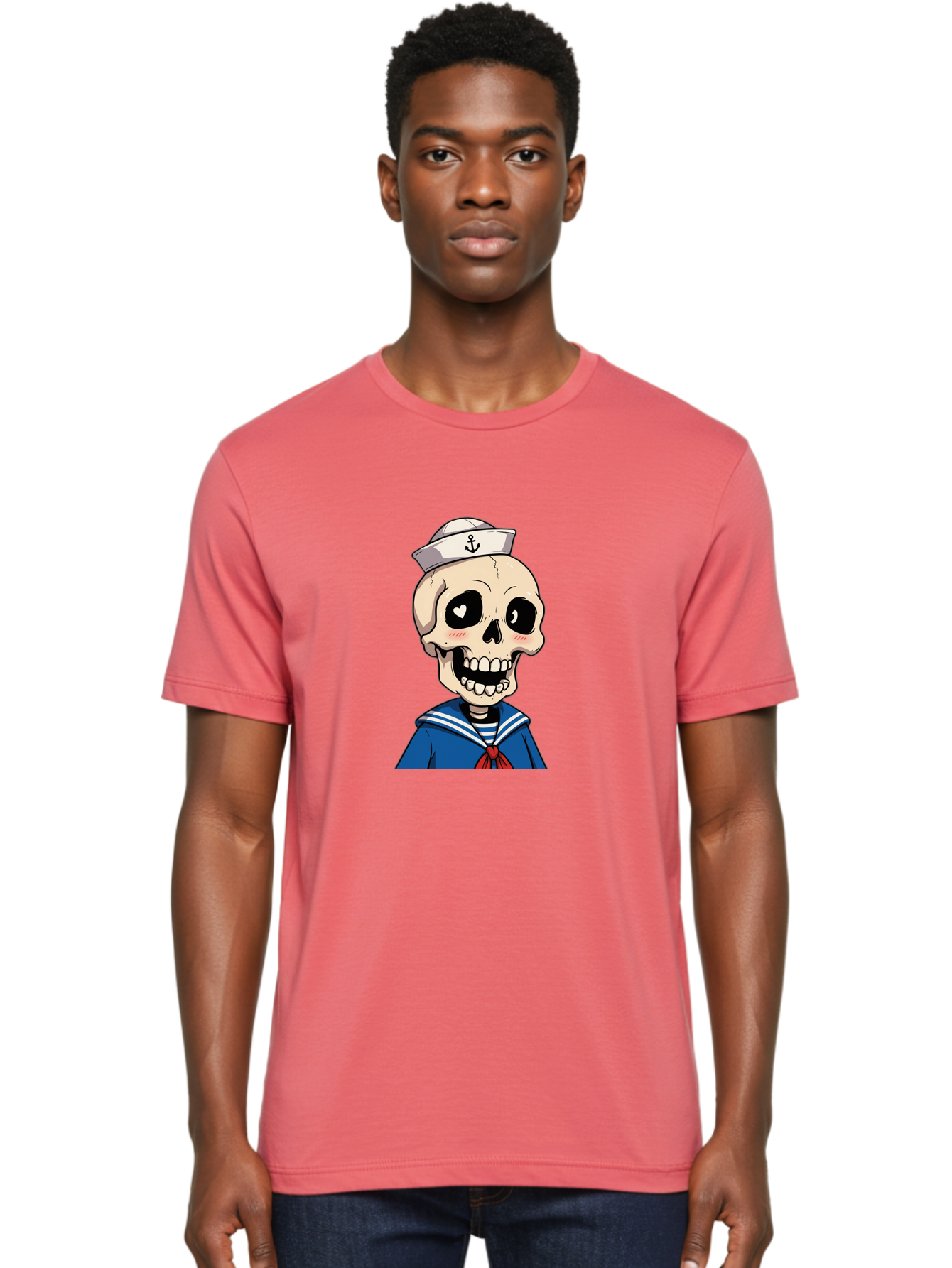 Sailor-Skull Men'S Graphic Tee, 100% Cotton, Comfortable Casual Summer Wear, Machine Washable, Cartoon Skull, Sailor Costume, Nautical Theme, Heart-Shaped Eye, Charming Smile, Kawaii Style, Quirky Character, Skeletal Figure, Anchor Hat, Bae264 26