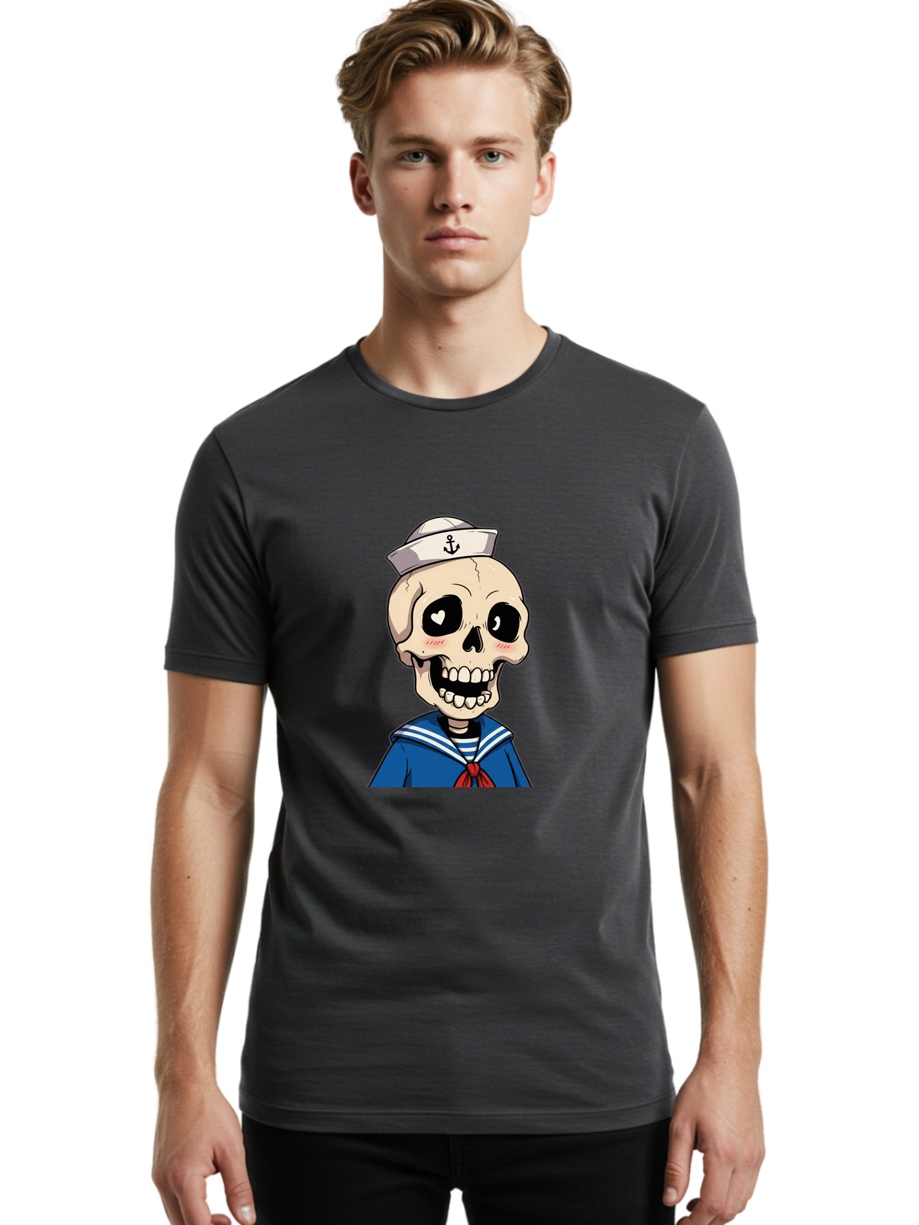 Sailor-Skull Men'S Graphic Tee, 100% Cotton, Comfortable Casual Summer Wear, Machine Washable, Cartoon Skull, Sailor Costume, Nautical Theme, Heart-Shaped Eye, Charming Smile, Kawaii Style, Quirky Character, Skeletal Figure, Anchor Hat, Bae264 24