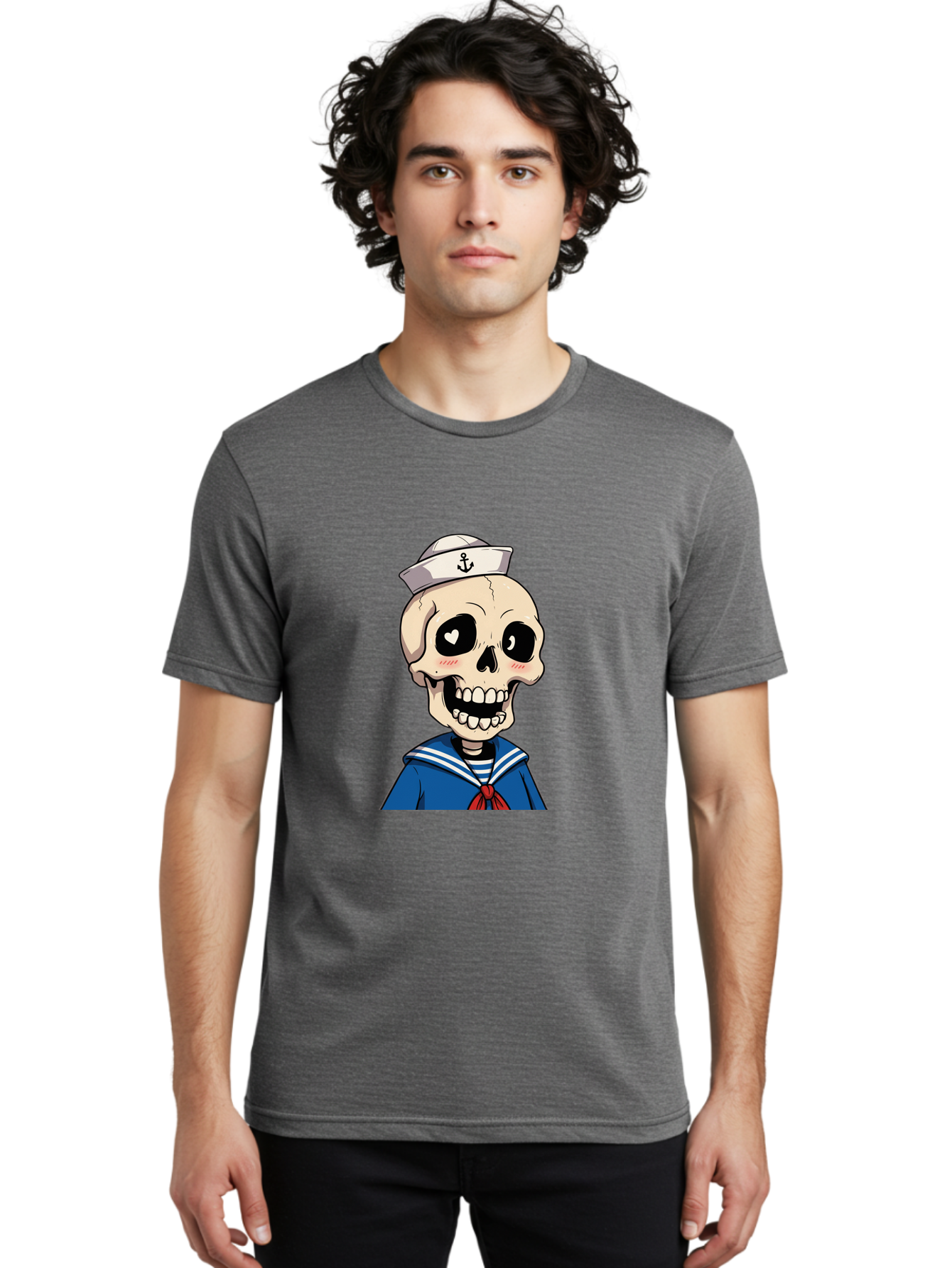 Sailor-Skull Men'S Graphic Tee, 100% Cotton, Comfortable Casual Summer Wear, Machine Washable, Cartoon Skull, Sailor Costume, Nautical Theme, Heart-Shaped Eye, Charming Smile, Kawaii Style, Quirky Character, Skeletal Figure, Anchor Hat, Bae264 23