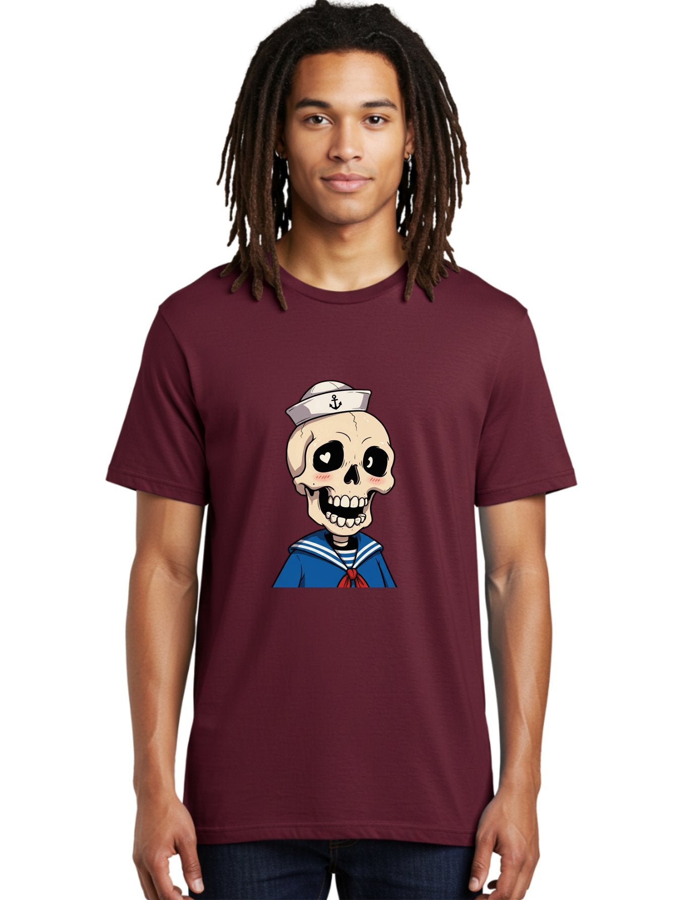 Sailor-Skull Men'S Graphic Tee, 100% Cotton, Comfortable Casual Summer Wear, Machine Washable, Cartoon Skull, Sailor Costume, Nautical Theme, Heart-Shaped Eye, Charming Smile, Kawaii Style, Quirky Character, Skeletal Figure, Anchor Hat, Bae264 29