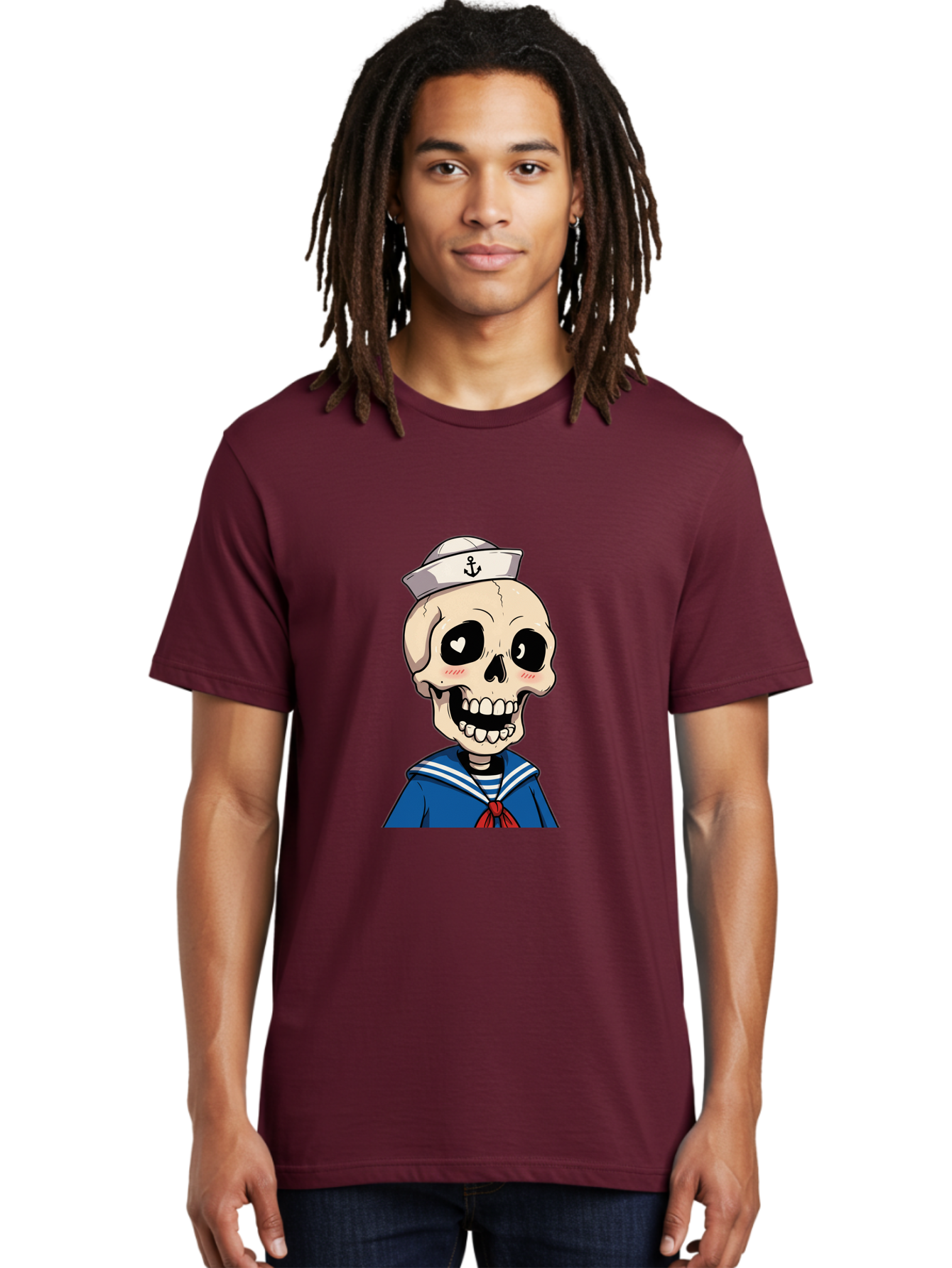 Sailor-Skull Men'S Graphic Tee, 100% Cotton, Comfortable Casual Summer Wear, Machine Washable, Cartoon Skull, Sailor Costume, Nautical Theme, Heart-Shaped Eye, Charming Smile, Kawaii Style, Quirky Character, Skeletal Figure, Anchor Hat, Bae264 17
