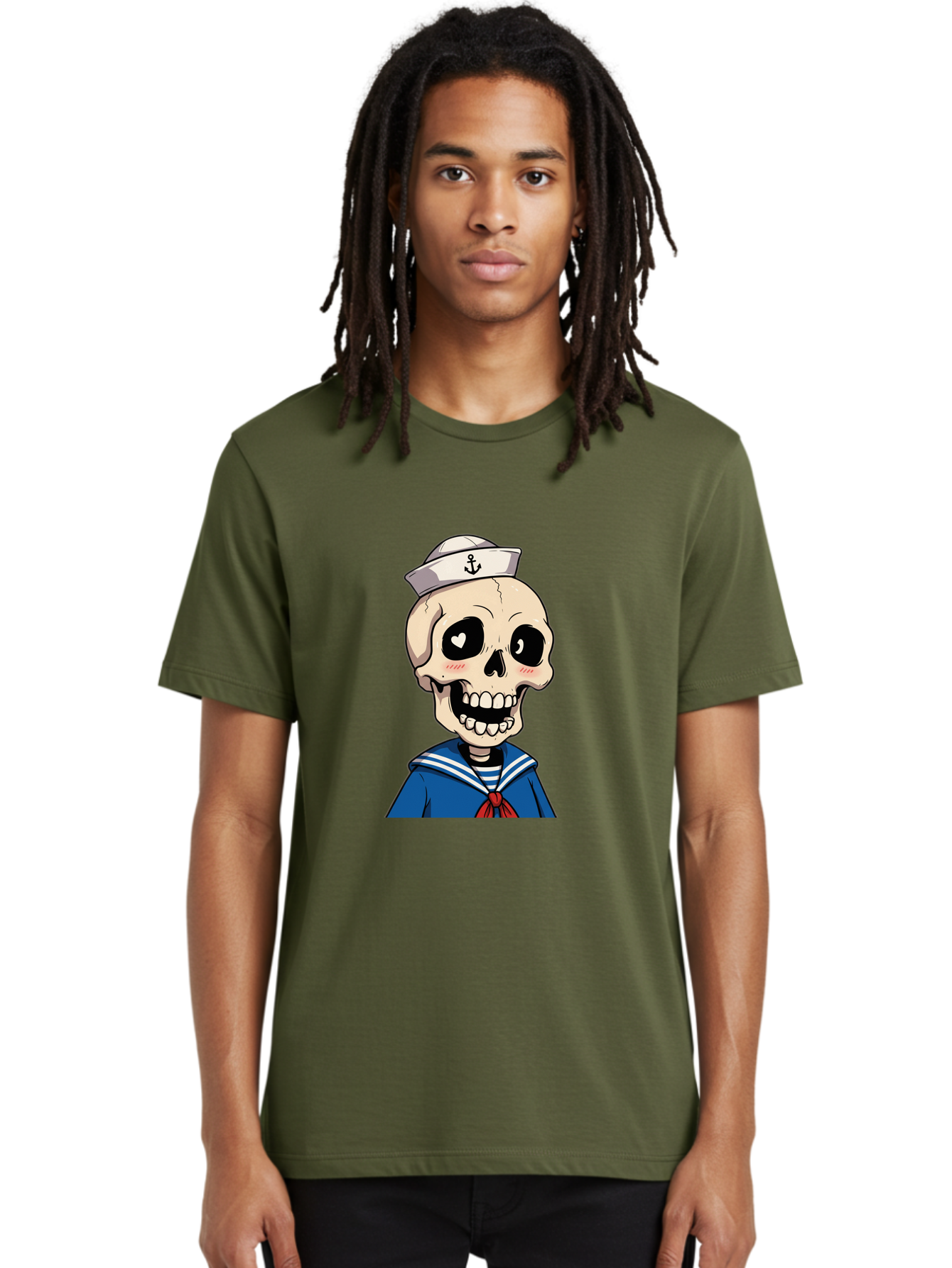Sailor-Skull Men'S Graphic Tee, 100% Cotton, Comfortable Casual Summer Wear, Machine Washable, Cartoon Skull, Sailor Costume, Nautical Theme, Heart-Shaped Eye, Charming Smile, Kawaii Style, Quirky Character, Skeletal Figure, Anchor Hat, Bae264 21