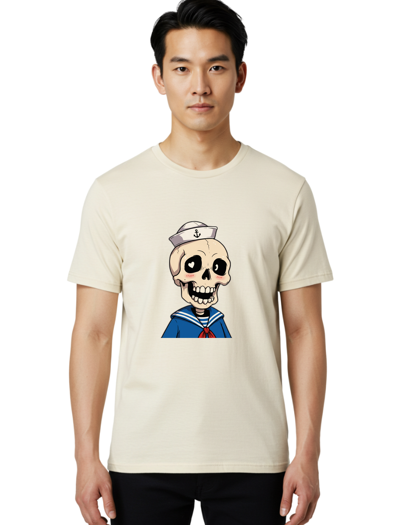 Sailor-Skull Men'S Graphic Tee, 100% Cotton, Comfortable Casual Summer Wear, Machine Washable, Cartoon Skull, Sailor Costume, Nautical Theme, Heart-Shaped Eye, Charming Smile, Kawaii Style, Quirky Character, Skeletal Figure, Anchor Hat, Bae264 28