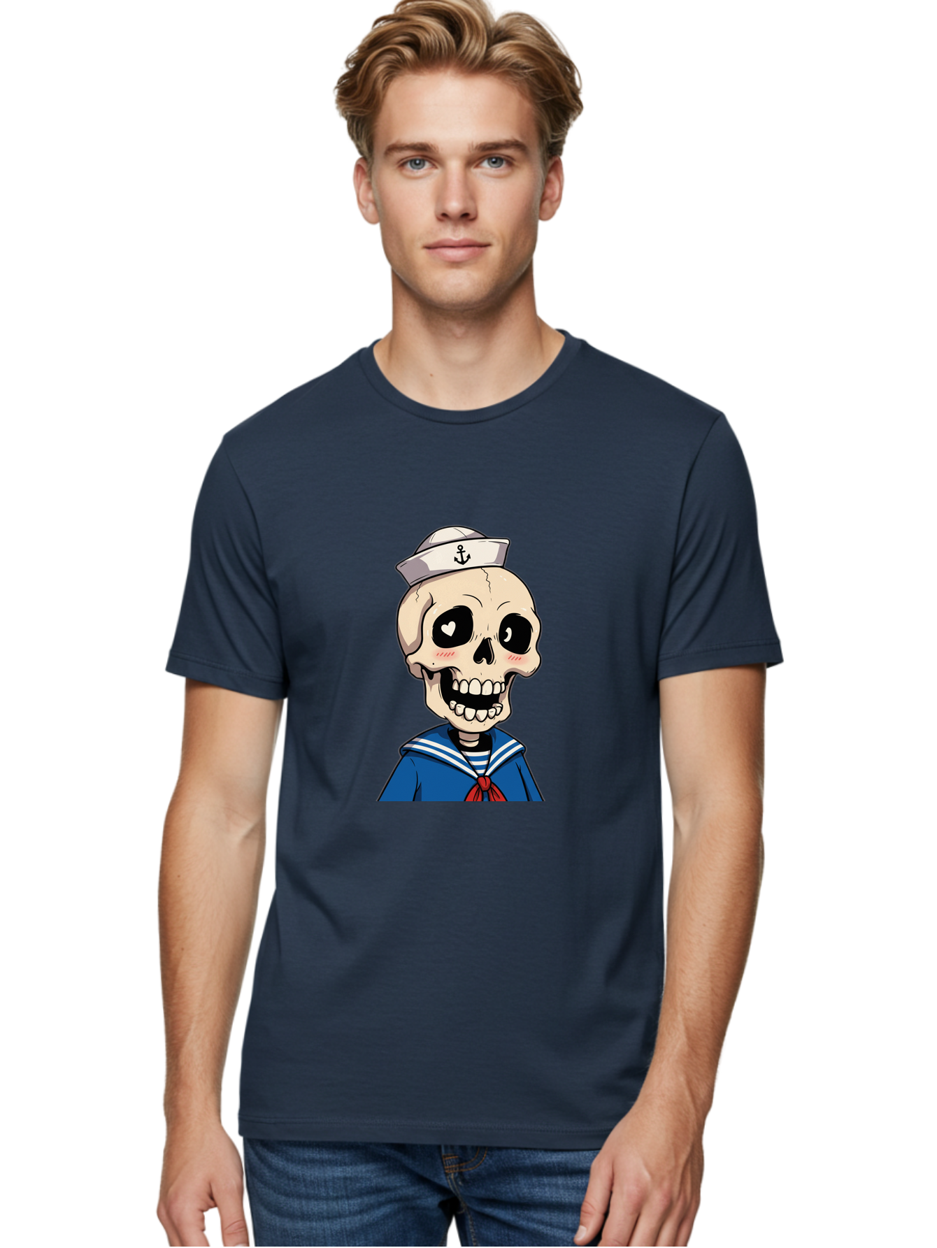 Sailor-Skull Men'S Graphic Tee, 100% Cotton, Comfortable Casual Summer Wear, Machine Washable, Cartoon Skull, Sailor Costume, Nautical Theme, Heart-Shaped Eye, Charming Smile, Kawaii Style, Quirky Character, Skeletal Figure, Anchor Hat, Bae264 29