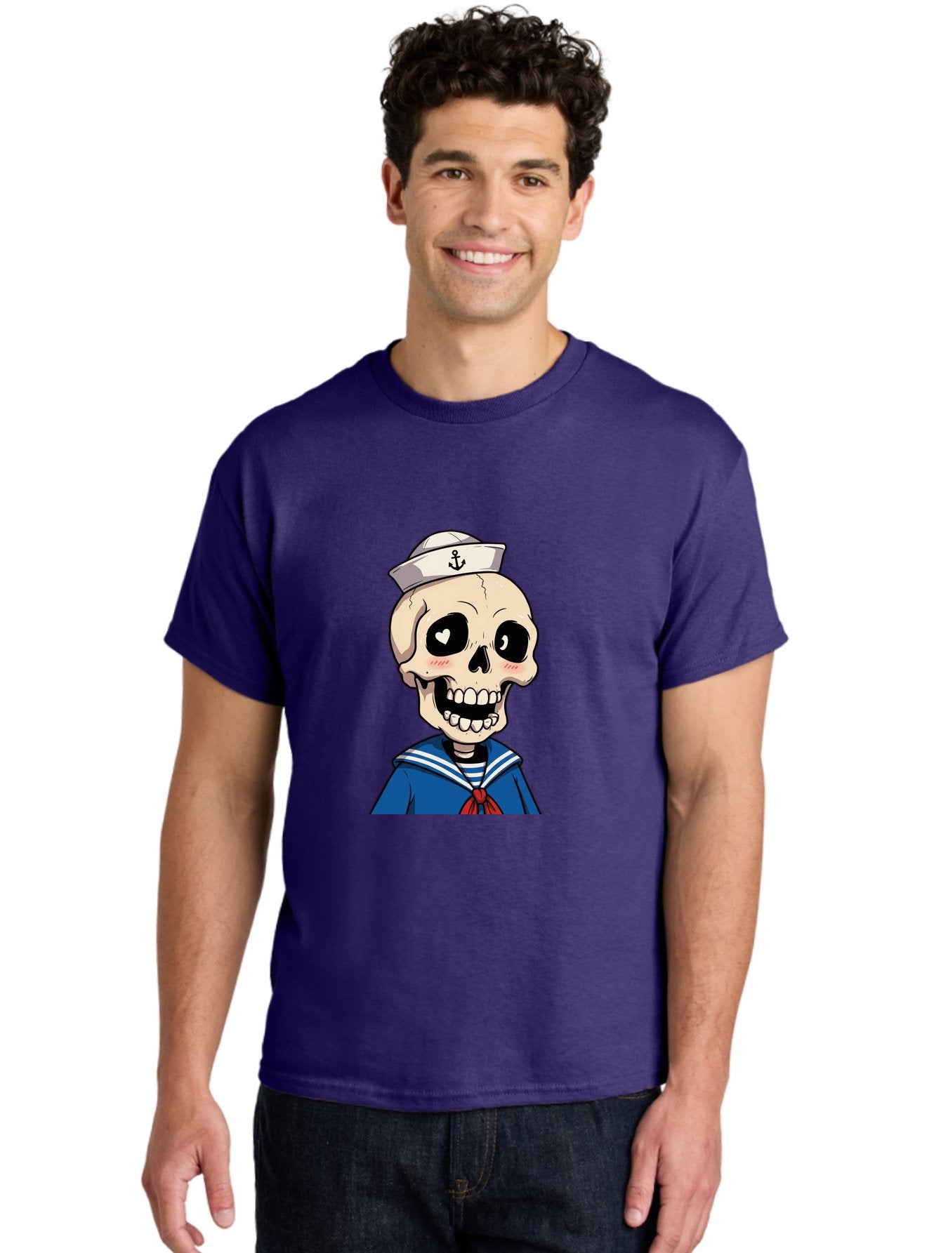 Sailor-Skull Men'S Graphic Tee, 100% Cotton, Comfortable Casual Summer Wear, Machine Washable, Cartoon Skull, Sailor Costume, Nautical Theme, Heart-Shaped Eye, Charming Smile, Kawaii Style, Quirky Character, Skeletal Figure, Anchor Hat, Bae264 20