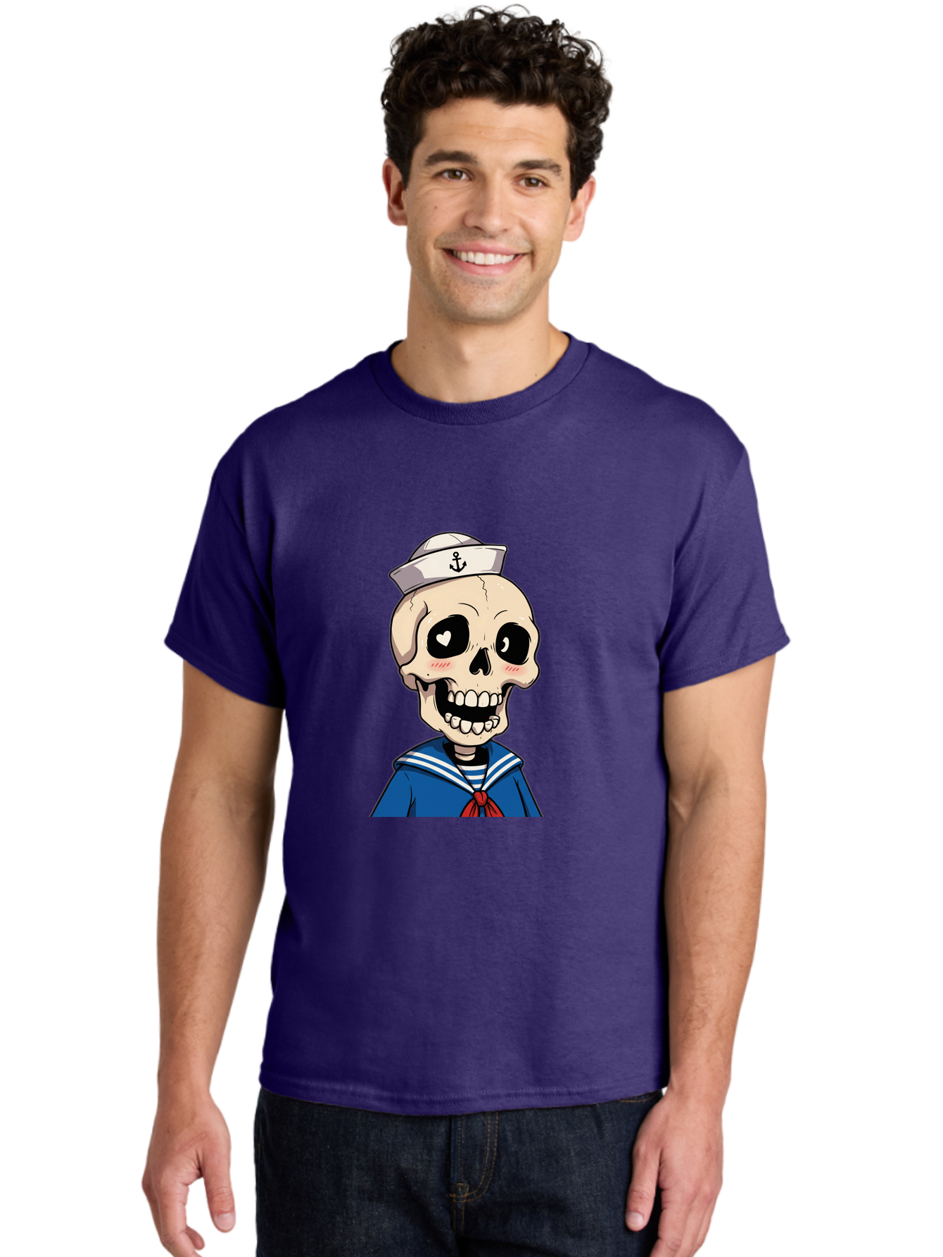 Sailor-Skull Men'S Graphic Tee, 100% Cotton, Comfortable Casual Summer Wear, Machine Washable, Cartoon Skull, Sailor Costume, Nautical Theme, Heart-Shaped Eye, Charming Smile, Kawaii Style, Quirky Character, Skeletal Figure, Anchor Hat, Bae264 30