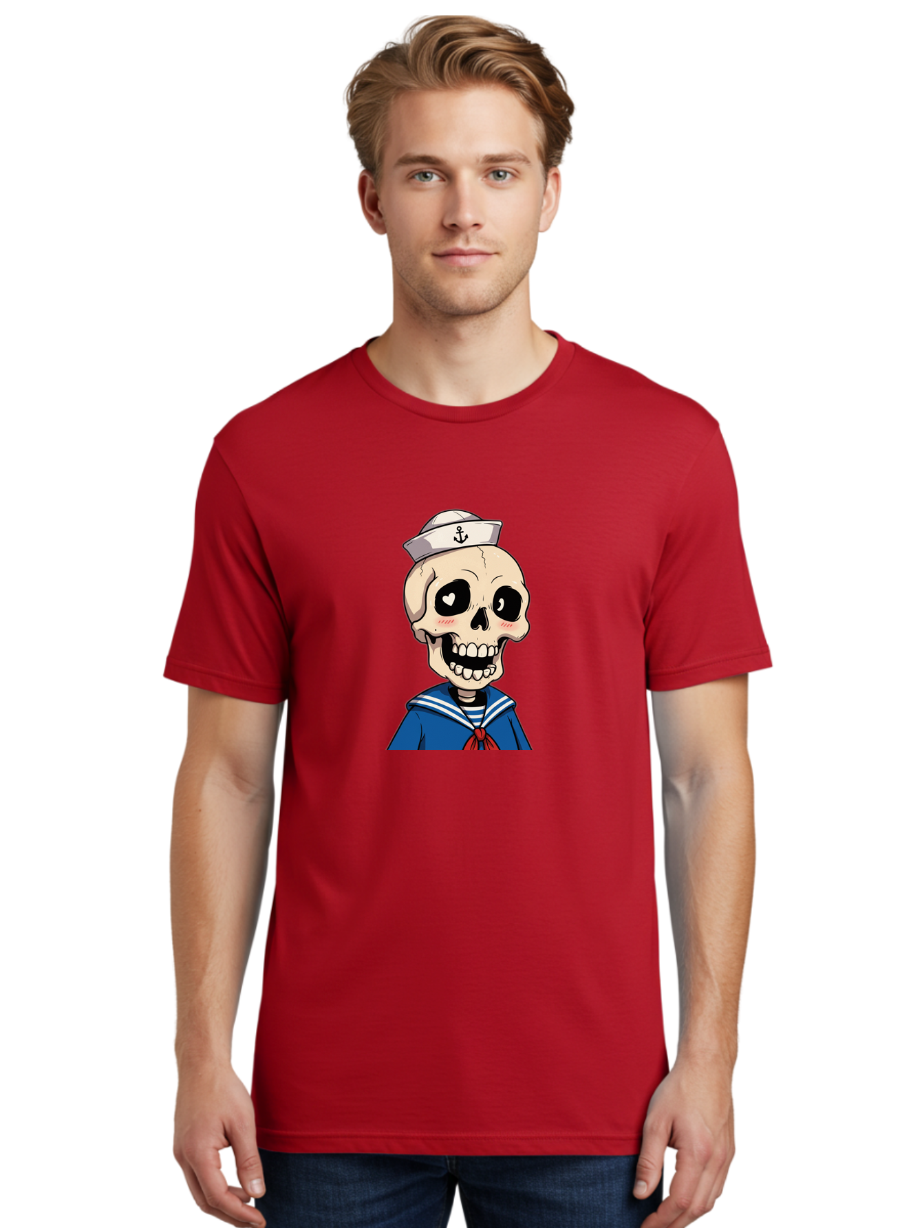 Sailor-Skull Men'S Graphic Tee, 100% Cotton, Comfortable Casual Summer Wear, Machine Washable, Cartoon Skull, Sailor Costume, Nautical Theme, Heart-Shaped Eye, Charming Smile, Kawaii Style, Quirky Character, Skeletal Figure, Anchor Hat, Bae264 20