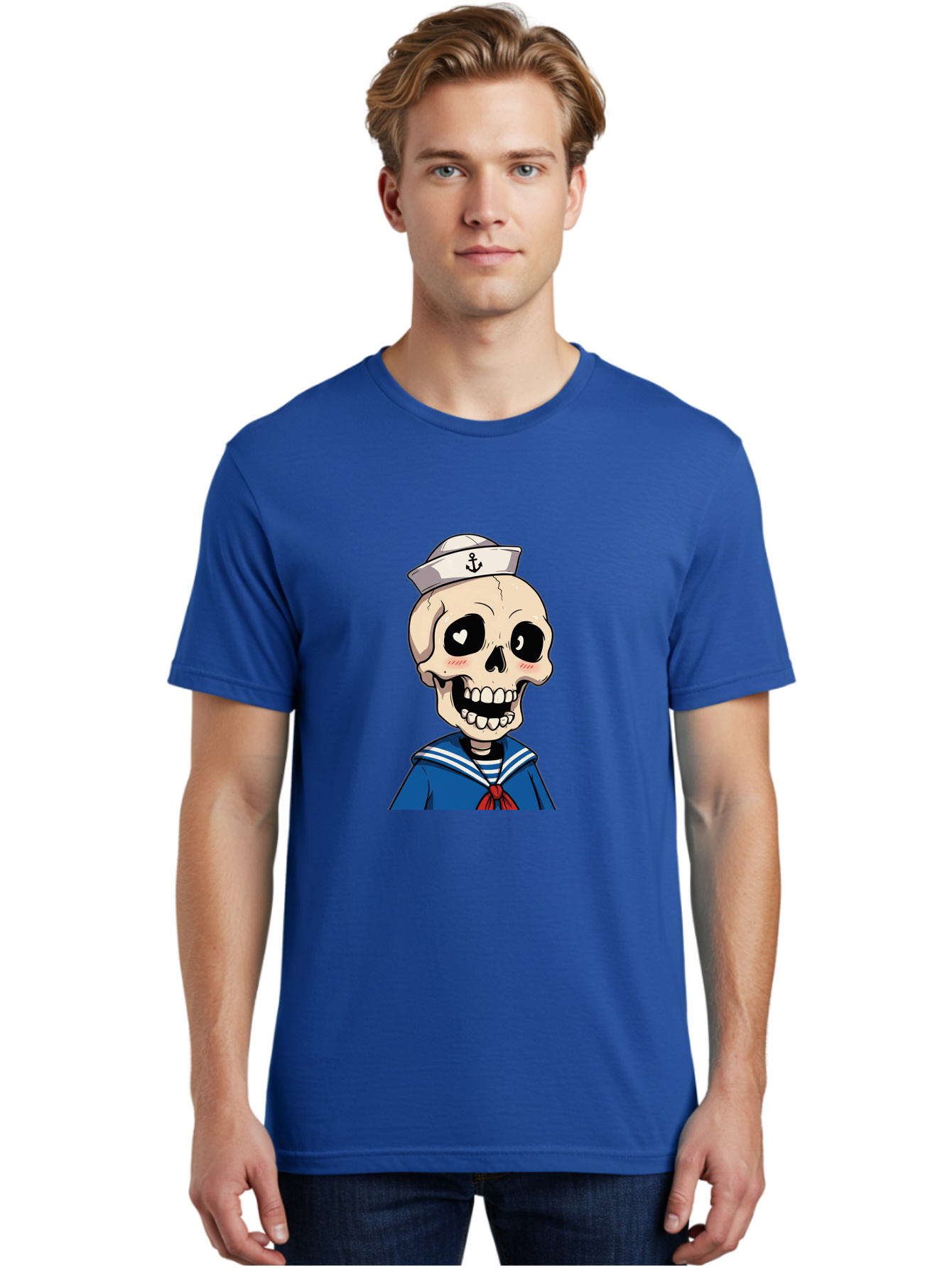 Sailor-Skull Men'S Graphic Tee, 100% Cotton, Comfortable Casual Summer Wear, Machine Washable, Cartoon Skull, Sailor Costume, Nautical Theme, Heart-Shaped Eye, Charming Smile, Kawaii Style, Quirky Character, Skeletal Figure, Anchor Hat, Bae264 18