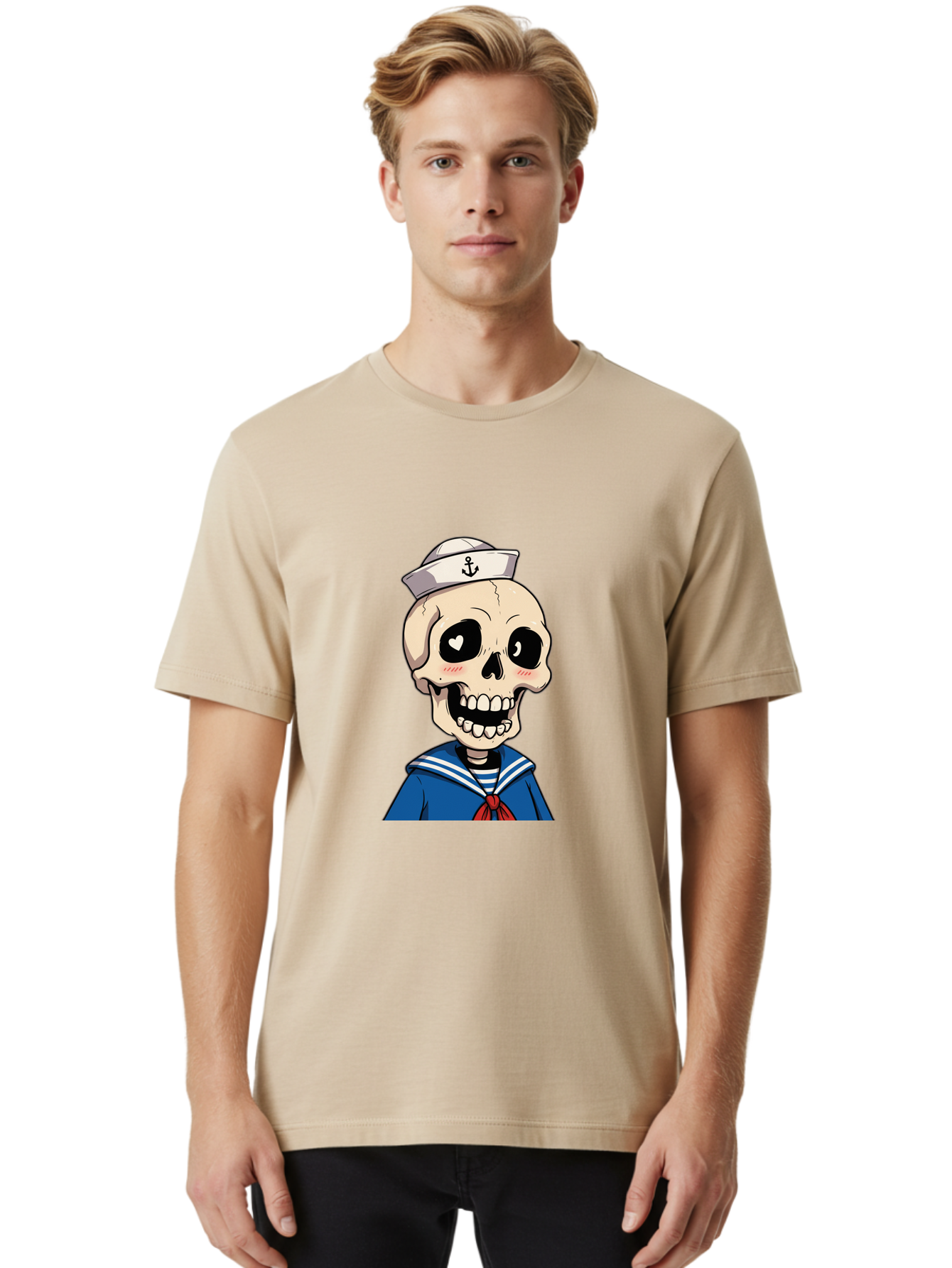 Sailor-Skull Men'S Graphic Tee, 100% Cotton, Comfortable Casual Summer Wear, Machine Washable, Cartoon Skull, Sailor Costume, Nautical Theme, Heart-Shaped Eye, Charming Smile, Kawaii Style, Quirky Character, Skeletal Figure, Anchor Hat, Bae264 16