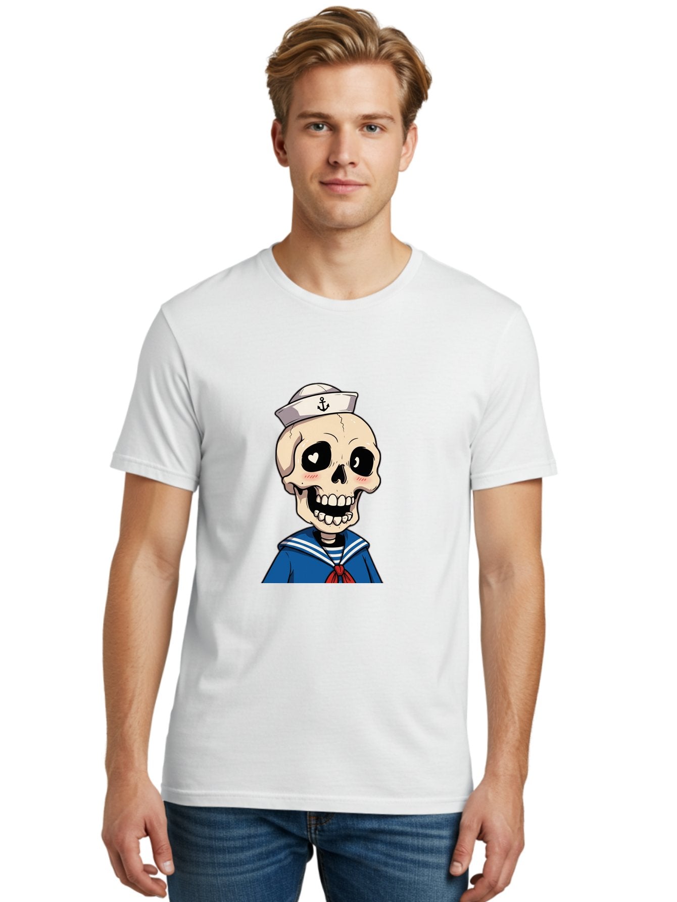 Sailor-Skull Men'S Graphic Tee, 100% Cotton, Comfortable Casual Summer Wear, Machine Washable, Cartoon Skull, Sailor Costume, Nautical Theme, Heart-Shaped Eye, Charming Smile, Kawaii Style, Quirky Character, Skeletal Figure, Anchor Hat, Bae264 18