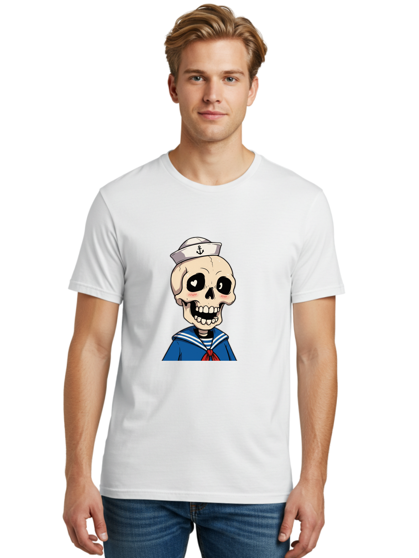 Sailor-Skull Men'S Graphic Tee, 100% Cotton, Comfortable Casual Summer Wear, Machine Washable, Cartoon Skull, Sailor Costume, Nautical Theme, Heart-Shaped Eye, Charming Smile, Kawaii Style, Quirky Character, Skeletal Figure, Anchor Hat, Bae264 27