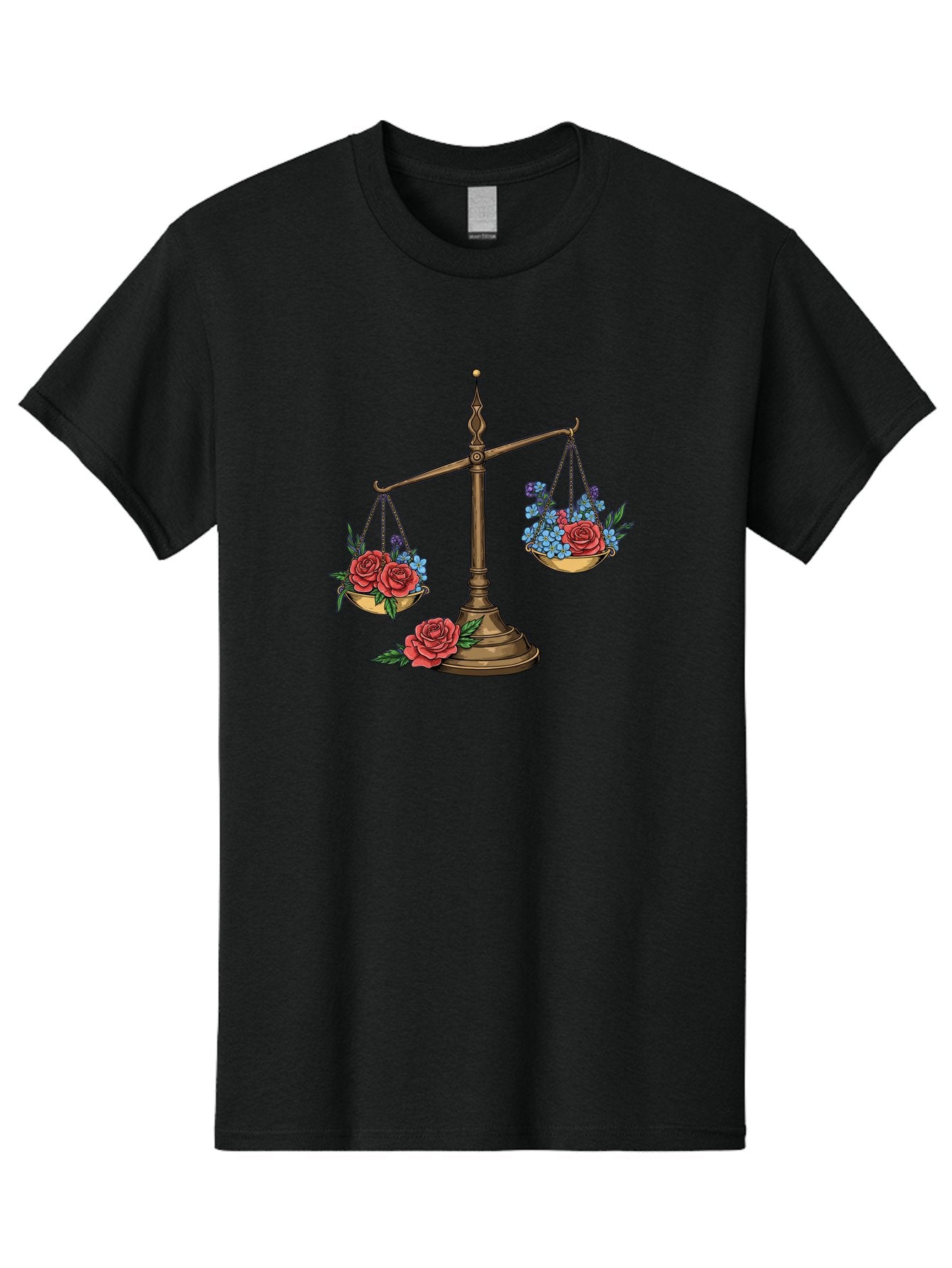 Scale-With-Flowers Men'S Graphic Tee, 100% Cotton, Comfortable Casual Summer Wear, Machine Washable, Vintage Scale, Balance And Harmony, Red Roses And Blue Flowers, Contrasting Colors, Equilibrium, Justice Symbol, Ornate Details, Bae265 8