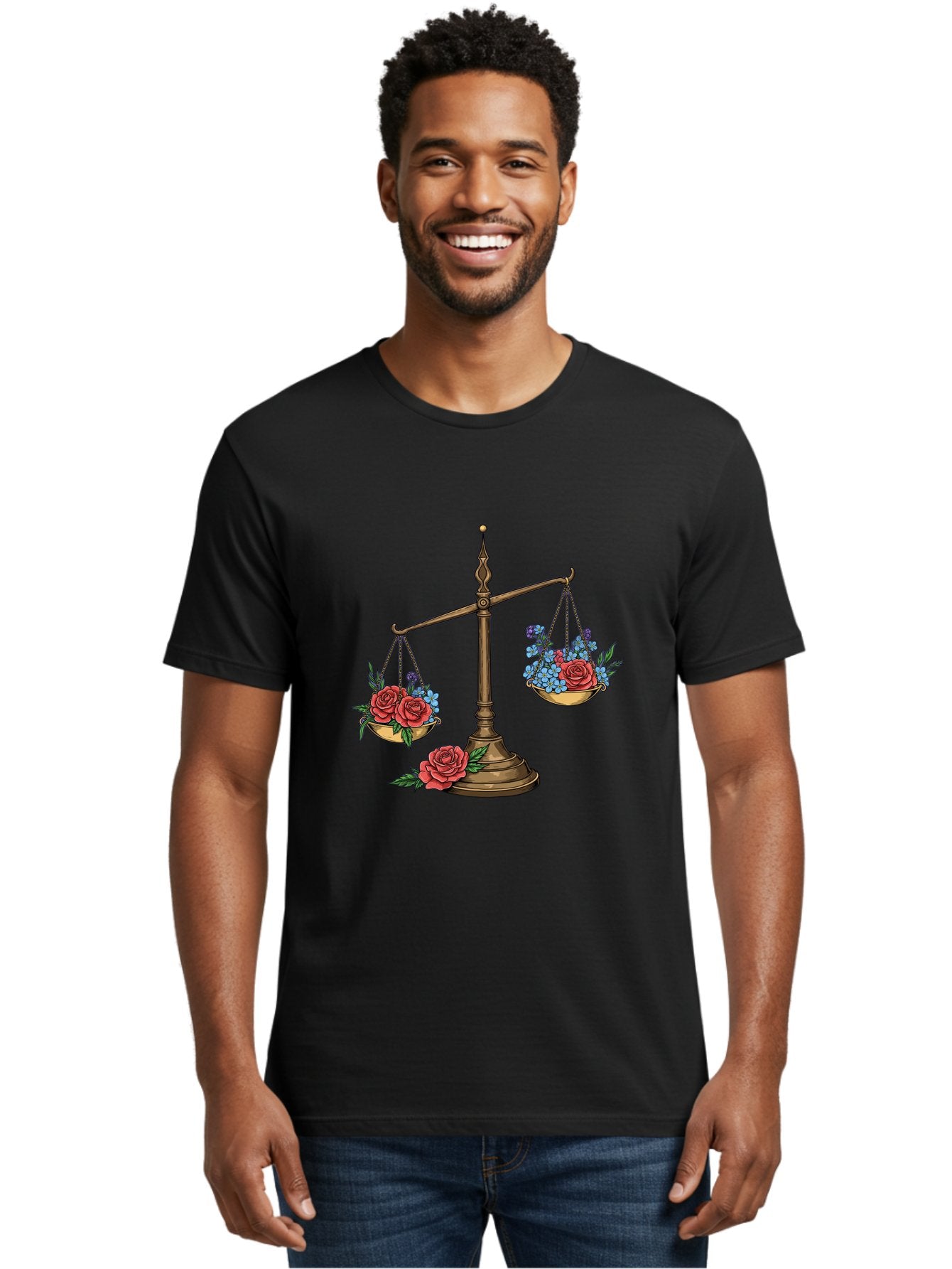 Scale-With-Flowers Men'S Graphic Tee, 100% Cotton, Comfortable Casual Summer Wear, Machine Washable, Vintage Scale, Balance And Harmony, Red Roses And Blue Flowers, Contrasting Colors, Equilibrium, Justice Symbol, Ornate Details, Bae265 25