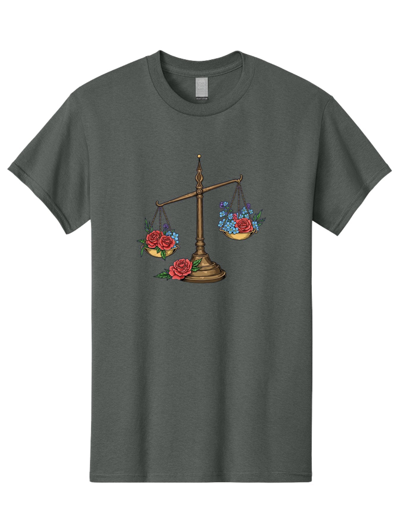 Scale-With-Flowers Men'S Graphic Tee, 100% Cotton, Comfortable Casual Summer Wear, Machine Washable, Vintage Scale, Balance And Harmony, Red Roses And Blue Flowers, Contrasting Colors, Equilibrium, Justice Symbol, Ornate Details, Bae265