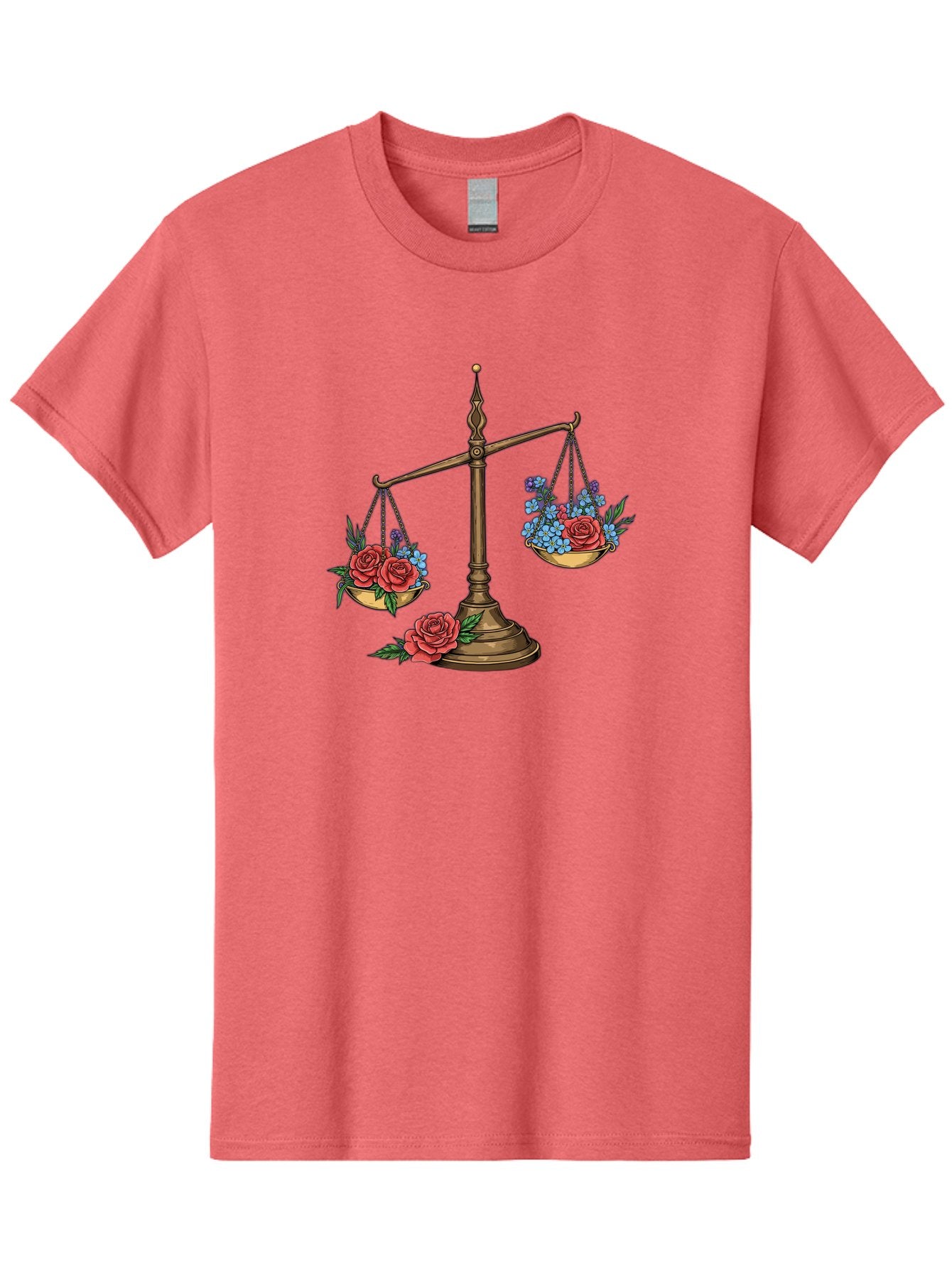 Scale-With-Flowers Men'S Graphic Tee, 100% Cotton, Comfortable Casual Summer Wear, Machine Washable, Vintage Scale, Balance And Harmony, Red Roses And Blue Flowers, Contrasting Colors, Equilibrium, Justice Symbol, Ornate Details, Bae265 7
