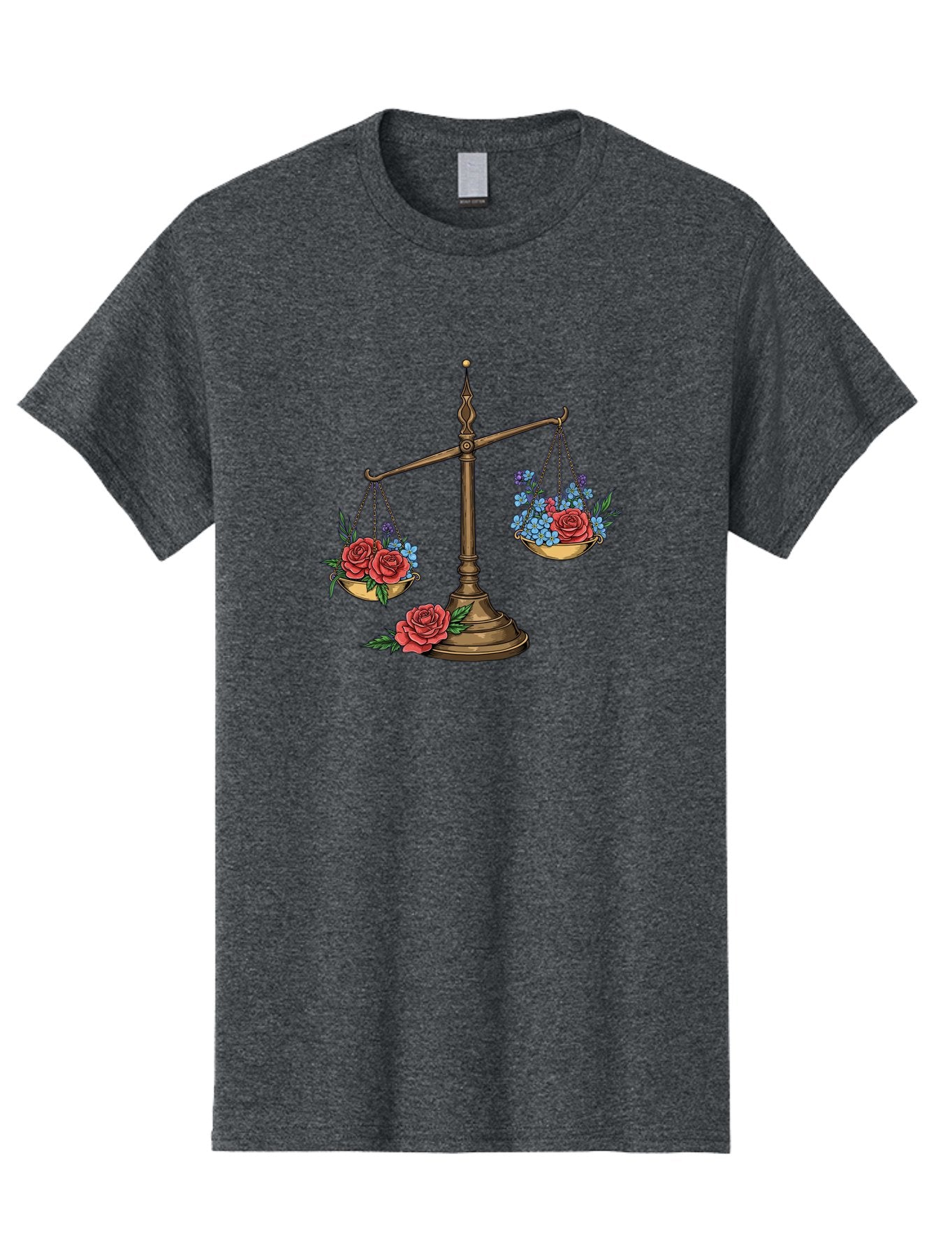 Scale-With-Flowers Men'S Graphic Tee, 100% Cotton, Comfortable Casual Summer Wear, Machine Washable, Vintage Scale, Balance And Harmony, Red Roses And Blue Flowers, Contrasting Colors, Equilibrium, Justice Symbol, Ornate Details, Bae265 3