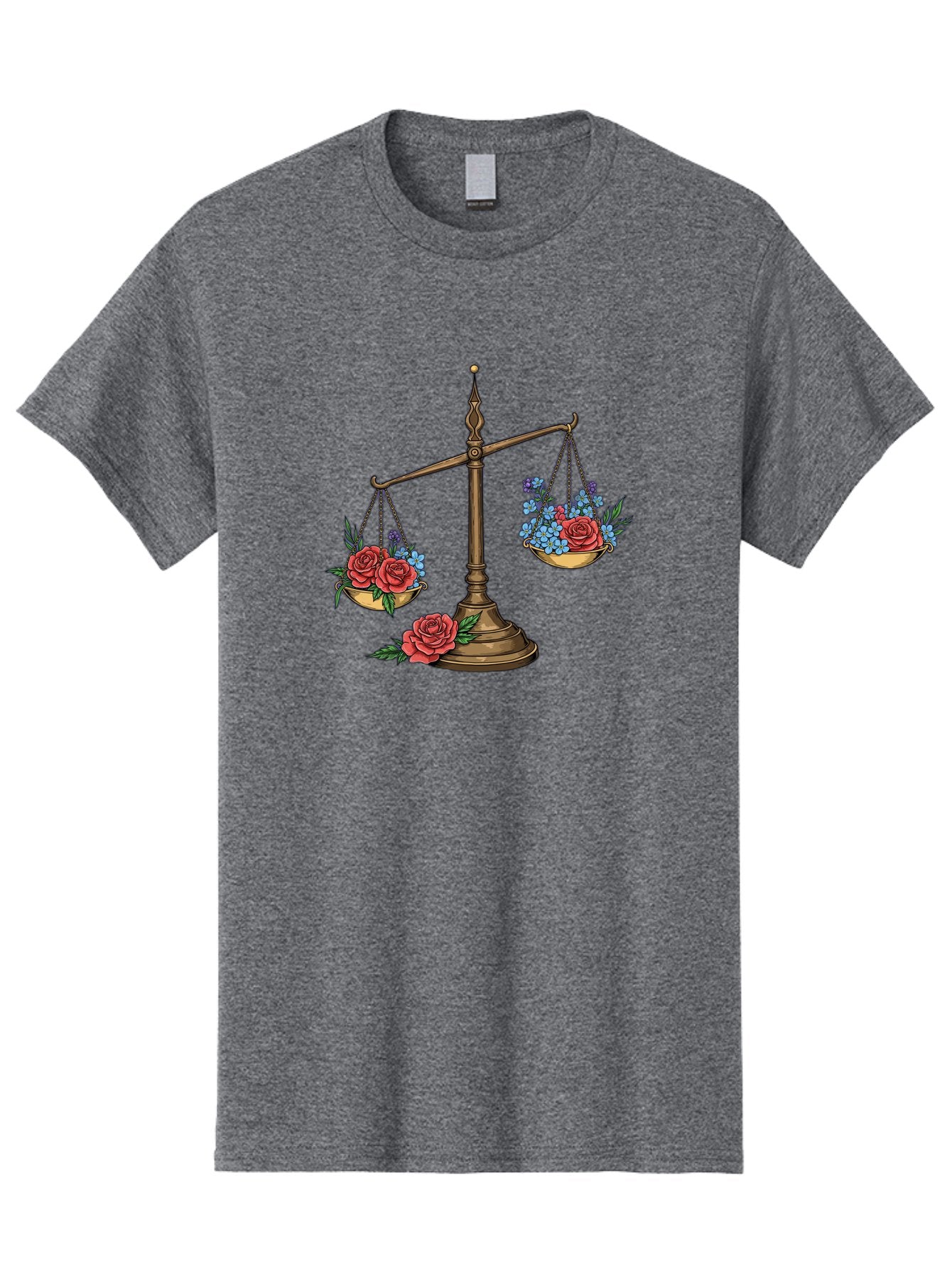 Scale-With-Flowers Men'S Graphic Tee, 100% Cotton, Comfortable Casual Summer Wear, Machine Washable, Vintage Scale, Balance And Harmony, Red Roses And Blue Flowers, Contrasting Colors, Equilibrium, Justice Symbol, Ornate Details, Bae265 12
