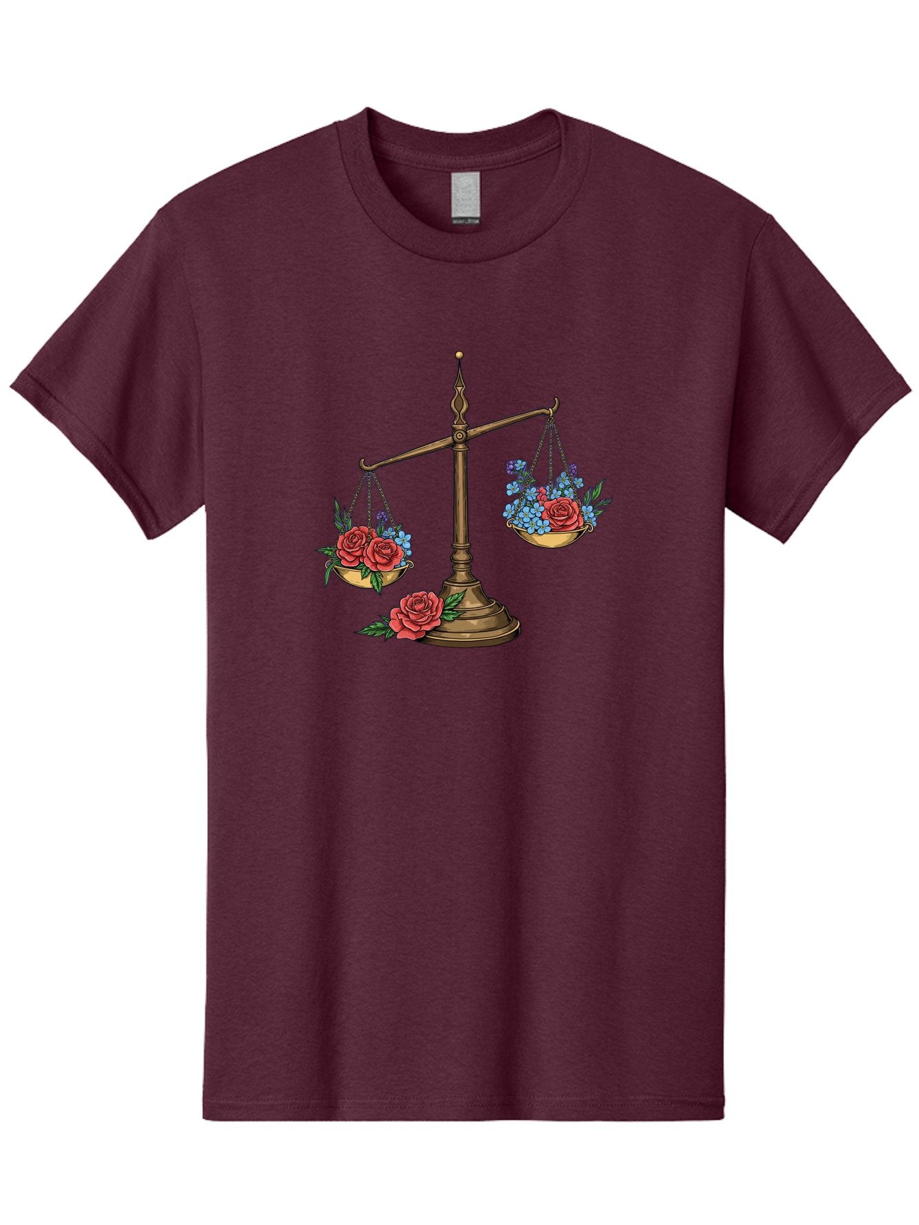 Scale-With-Flowers Men'S Graphic Tee, 100% Cotton, Comfortable Casual Summer Wear, Machine Washable, Vintage Scale, Balance And Harmony, Red Roses And Blue Flowers, Contrasting Colors, Equilibrium, Justice Symbol, Ornate Details, Bae265