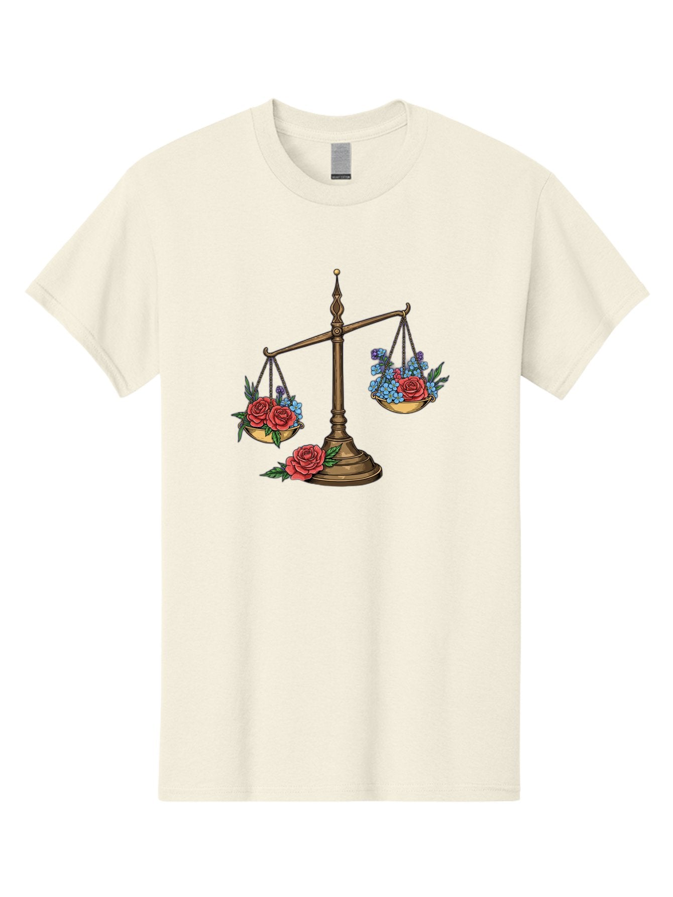 Scale-With-Flowers Men'S Graphic Tee, 100% Cotton, Comfortable Casual Summer Wear, Machine Washable, Vintage Scale, Balance And Harmony, Red Roses And Blue Flowers, Contrasting Colors, Equilibrium, Justice Symbol, Ornate Details, Bae265 13