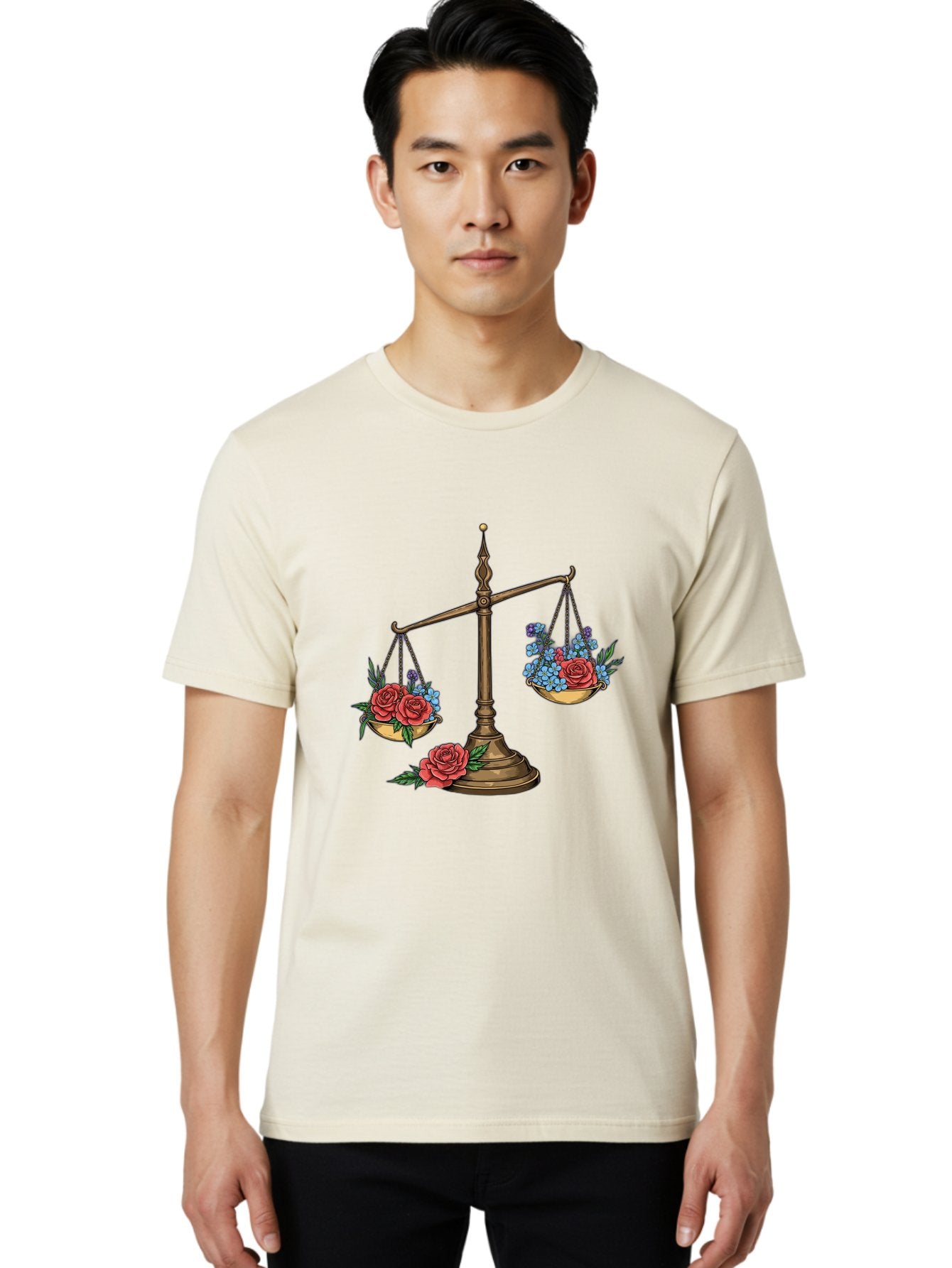 Scale-With-Flowers Men'S Graphic Tee, 100% Cotton, Comfortable Casual Summer Wear, Machine Washable, Vintage Scale, Balance And Harmony, Red Roses And Blue Flowers, Contrasting Colors, Equilibrium, Justice Symbol, Ornate Details, Bae265 20