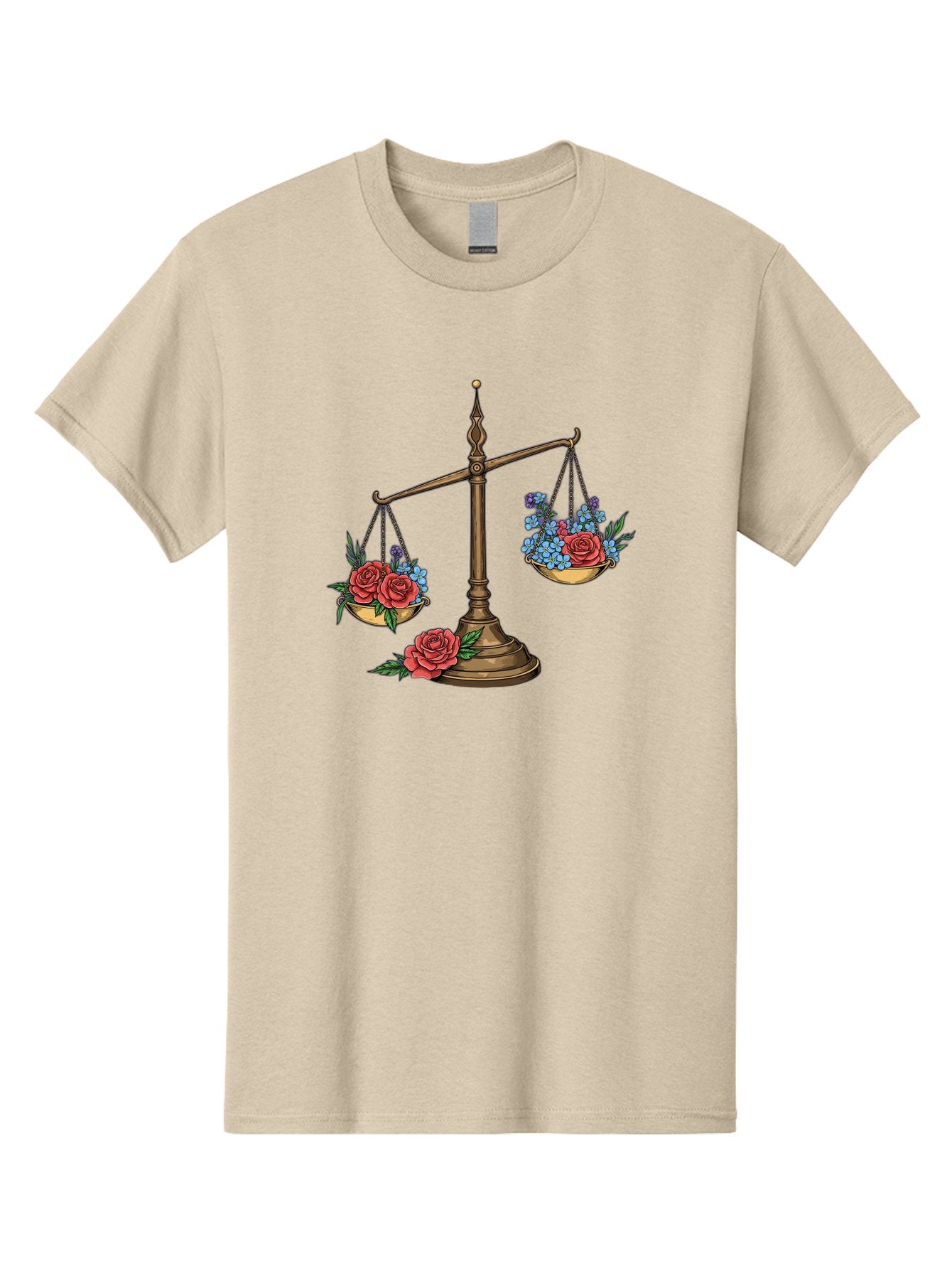 Scale-With-Flowers Men'S Graphic Tee, 100% Cotton, Comfortable Casual Summer Wear, Machine Washable, Vintage Scale, Balance And Harmony, Red Roses And Blue Flowers, Contrasting Colors, Equilibrium, Justice Symbol, Ornate Details, Bae265 11