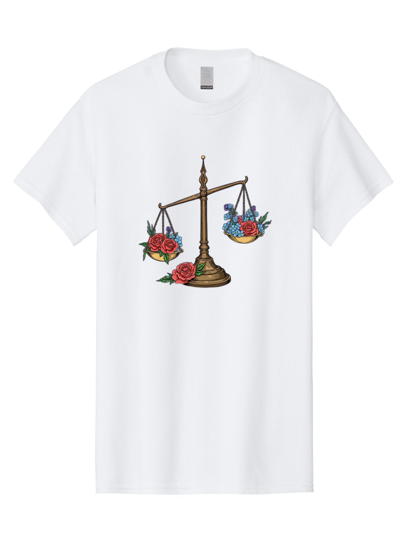 Scale-With-Flowers Men'S Graphic Tee, 100% Cotton, Comfortable Casual Summer Wear, Machine Washable, Vintage Scale, Balance And Harmony, Red Roses And Blue Flowers, Contrasting Colors, Equilibrium, Justice Symbol, Ornate Details, Bae265 10