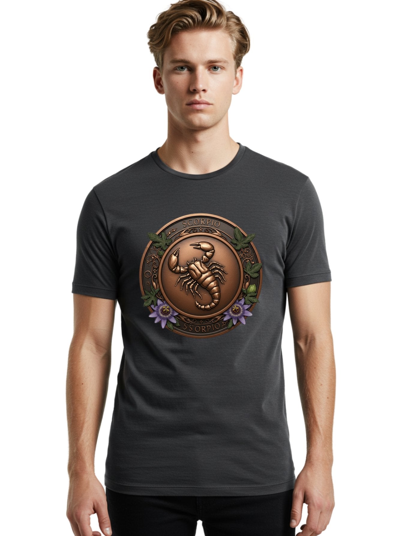 Scorpio-1 Men'S Graphic Tee, 100% Cotton, Comfortable Casual Summer Wear, Machine Washable, Scorpion Symbol, Zodiac Sign, Astrological Emblem, Bronze Medal, Scorpio, Mysterious, Astrology, Mystic, Flower, Leaves, Scorpion Motif Bae267 16