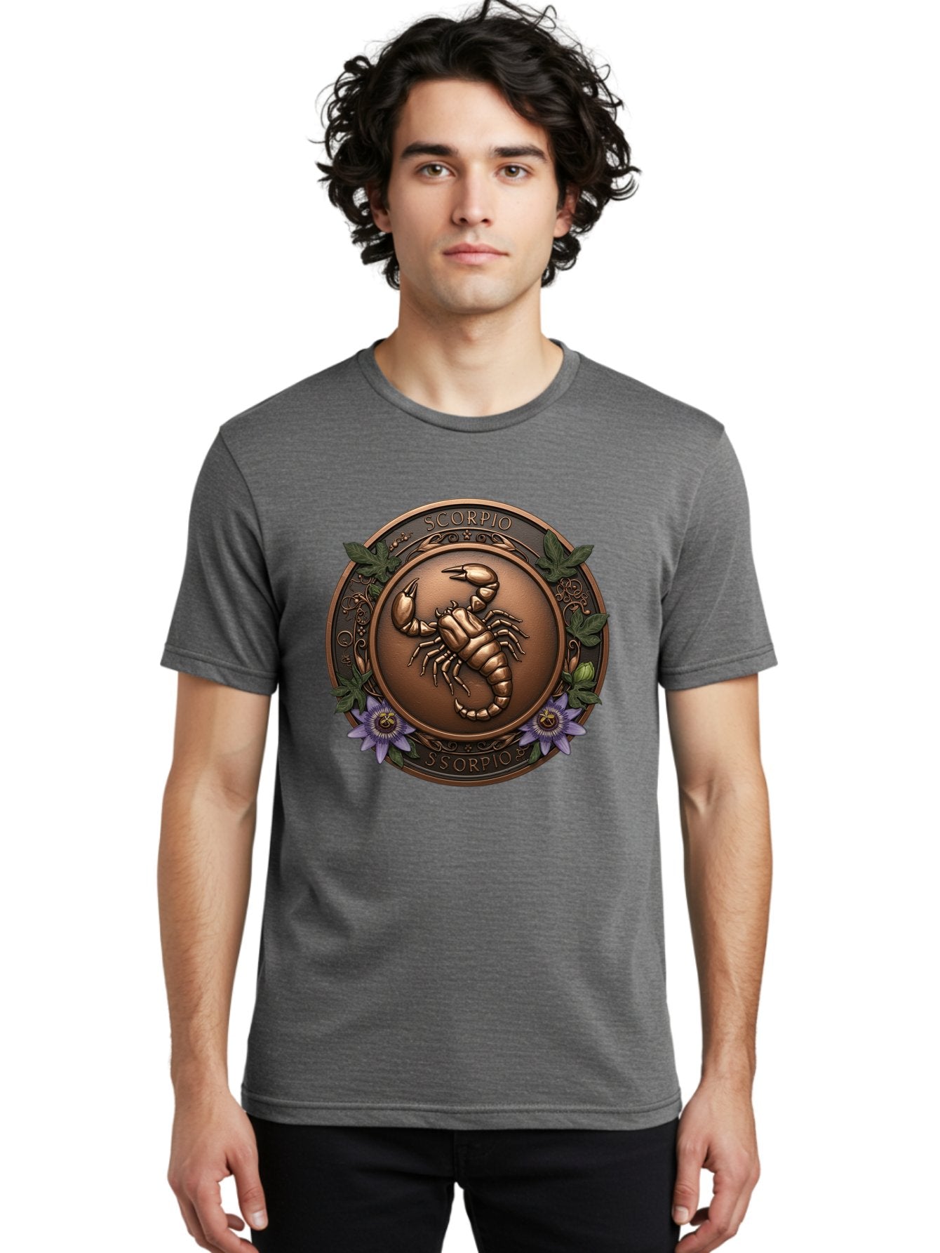 Scorpio-1 Men'S Graphic Tee, 100% Cotton, Comfortable Casual Summer Wear, Machine Washable, Scorpion Symbol, Zodiac Sign, Astrological Emblem, Bronze Medal, Scorpio, Mysterious, Astrology, Mystic, Flower, Leaves, Scorpion Motif Bae267 20