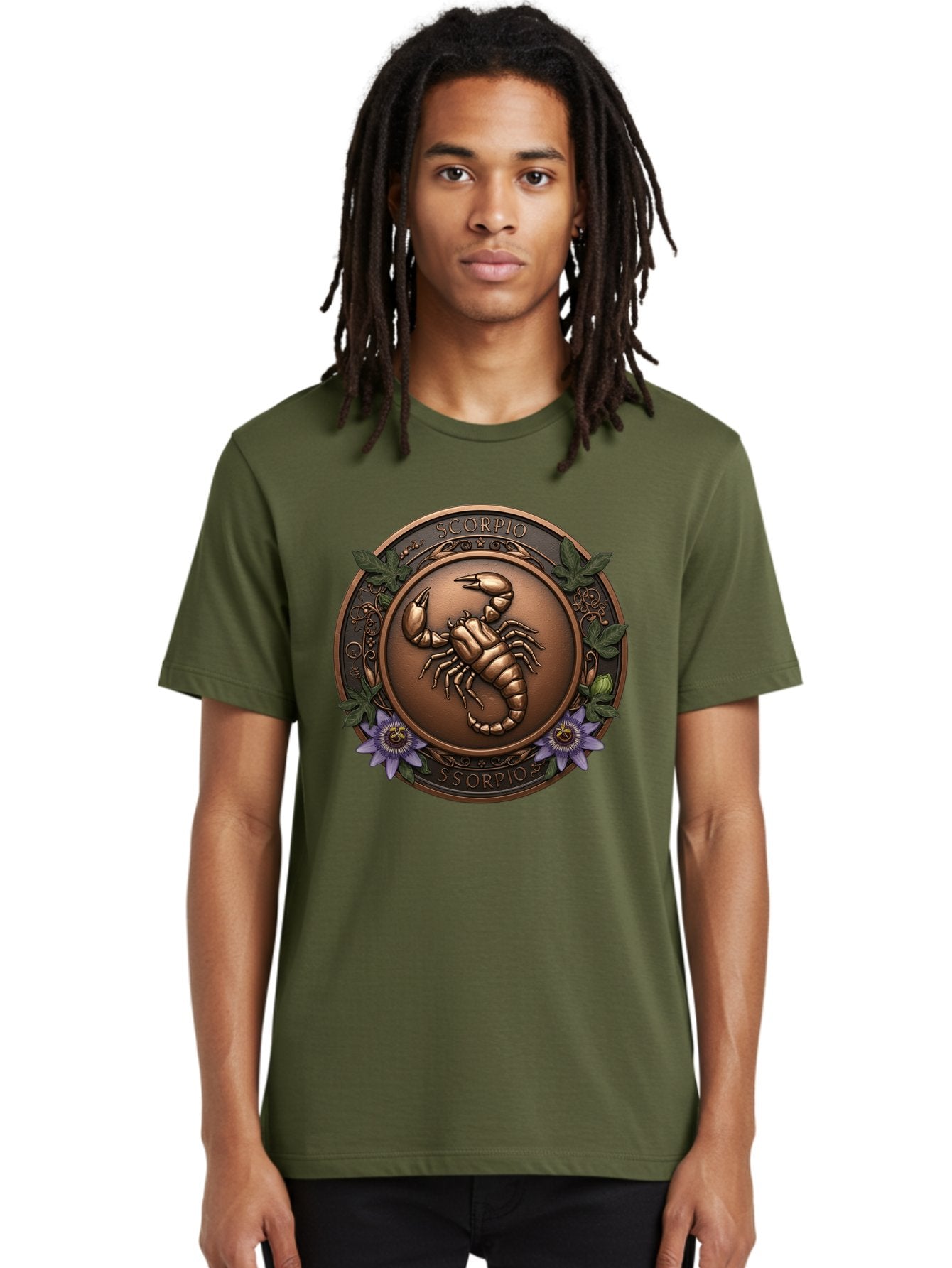 Scorpio-1 Men'S Graphic Tee, 100% Cotton, Comfortable Casual Summer Wear, Machine Washable, Scorpion Symbol, Zodiac Sign, Astrological Emblem, Bronze Medal, Scorpio, Mysterious, Astrology, Mystic, Flower, Leaves, Scorpion Motif Bae267 19