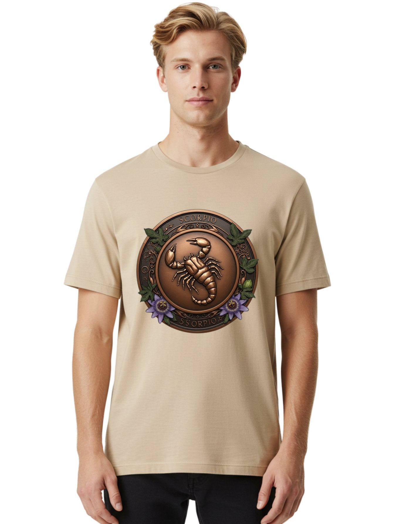 Scorpio-1 Men'S Graphic Tee, 100% Cotton, Comfortable Casual Summer Wear, Machine Washable, Scorpion Symbol, Zodiac Sign, Astrological Emblem, Bronze Medal, Scorpio, Mysterious, Astrology, Mystic, Flower, Leaves, Scorpion Motif Bae267 17