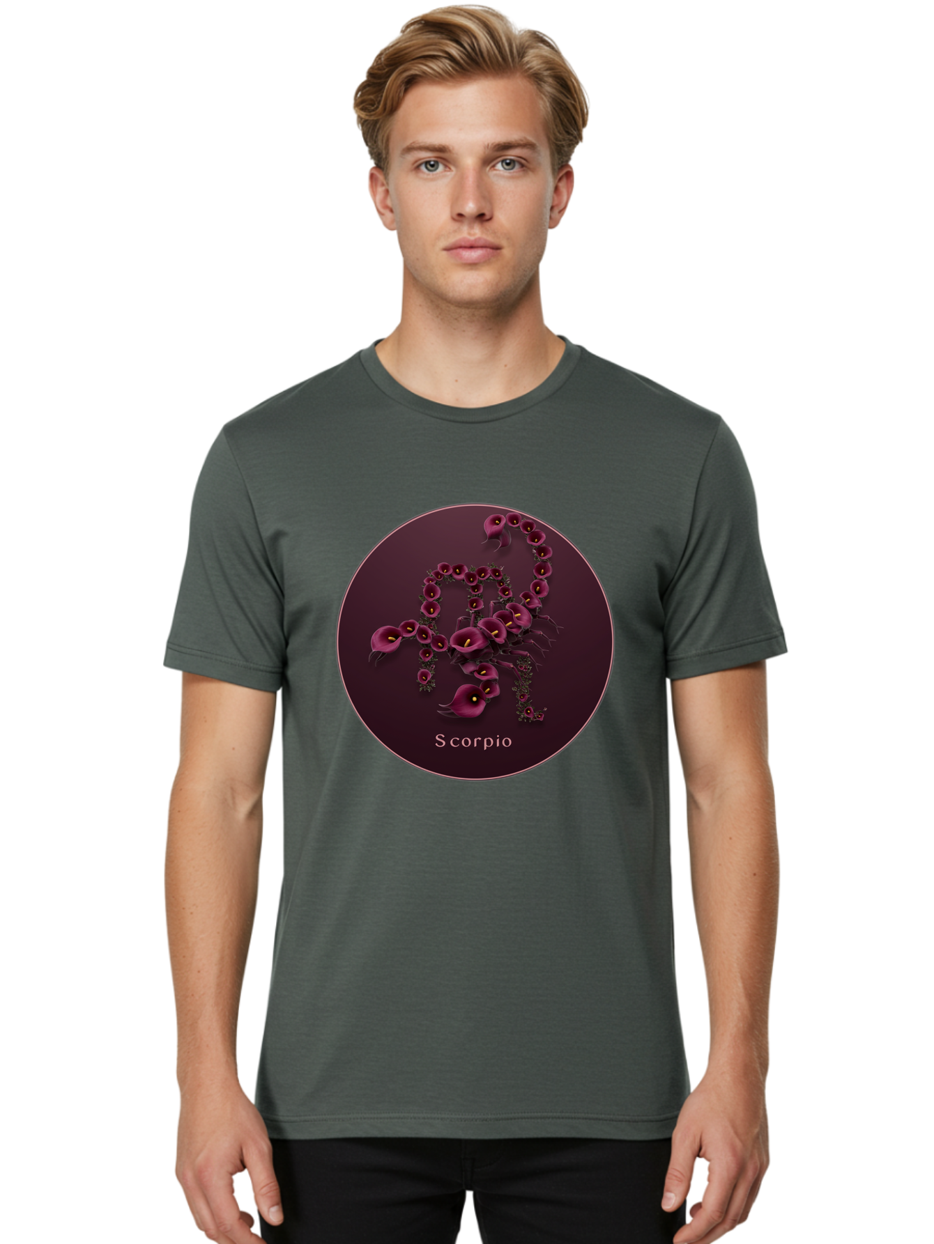 Scorpio Men'S Graphic Tee, 100% Cotton, Comfortable Casual Summer Wear, Machine Washable, Scorpion Symbol, Calla Lily Flowers, Floral Arrangement, Dark Pink Blooms, Astrology Sign, Zodiac Symbol, Scorpio, Mysterious Design, Elegant Flowers Bae268 22