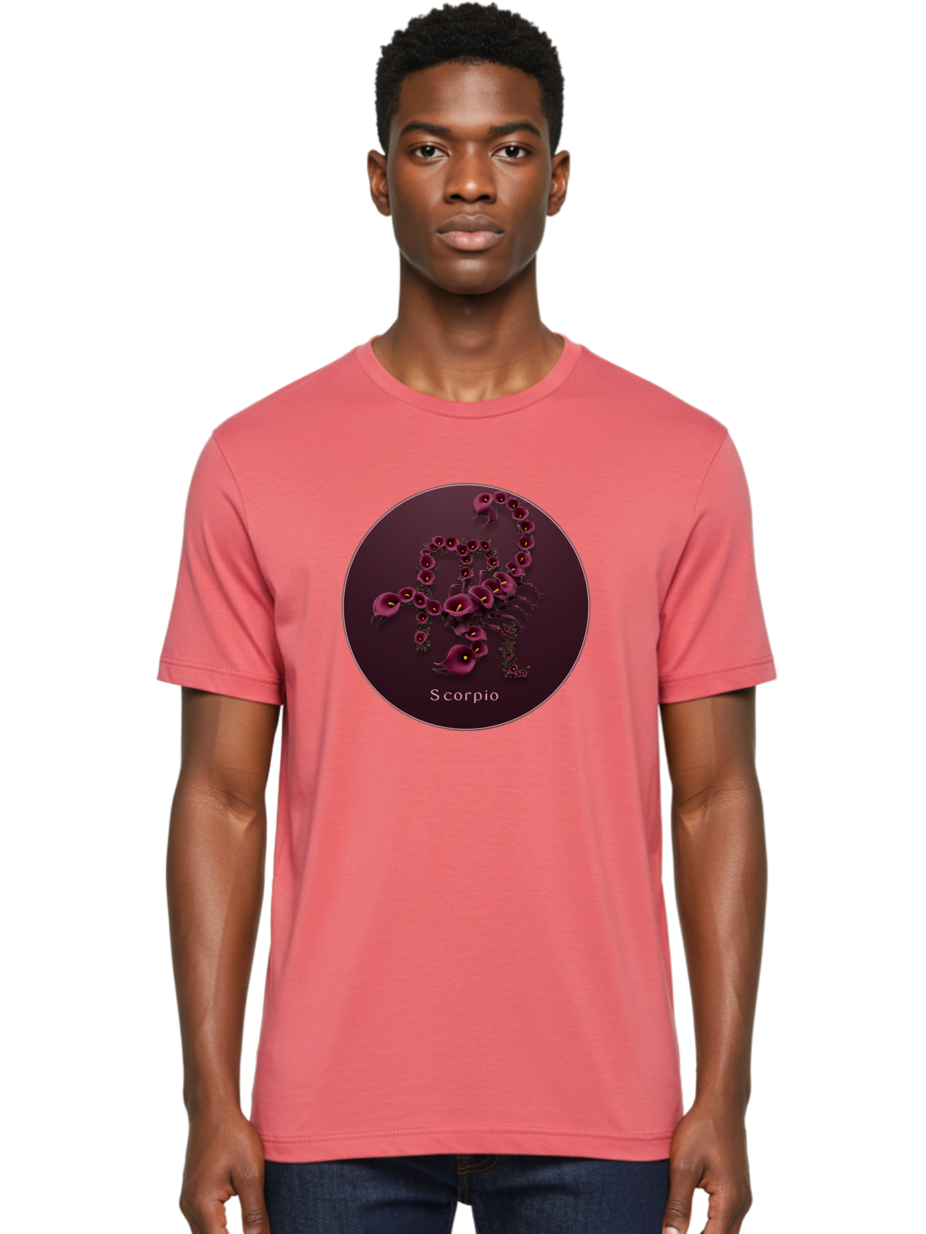 Scorpio Men'S Graphic Tee, 100% Cotton, Comfortable Casual Summer Wear, Machine Washable, Scorpion Symbol, Calla Lily Flowers, Floral Arrangement, Dark Pink Blooms, Astrology Sign, Zodiac Symbol, Scorpio, Mysterious Design, Elegant Flowers Bae268 17