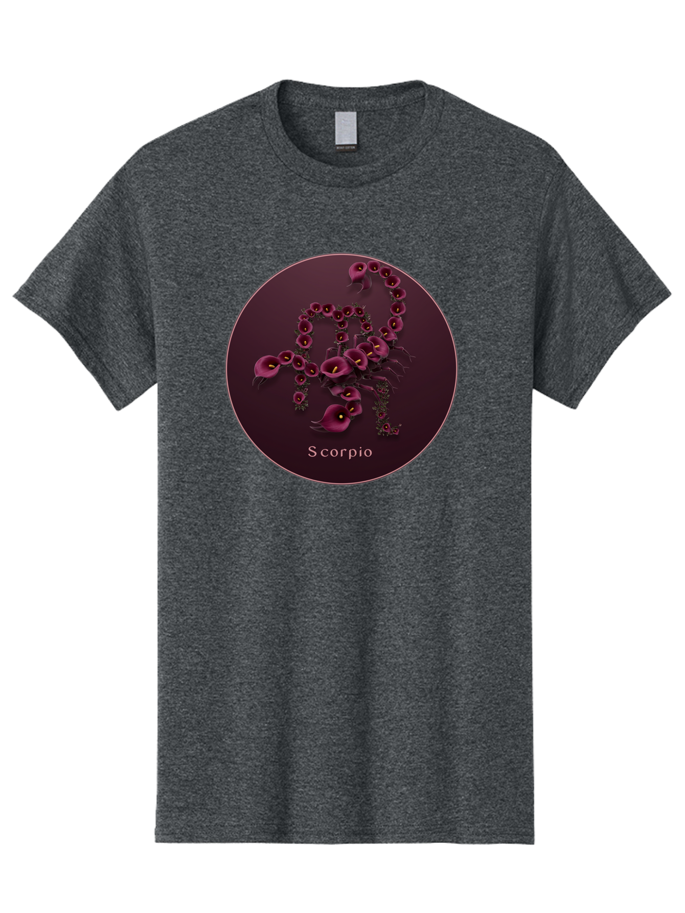Scorpio Men'S Graphic Tee, 100% Cotton, Comfortable Casual Summer Wear, Machine Washable, Scorpion Symbol, Calla Lily Flowers, Floral Arrangement, Dark Pink Blooms, Astrology Sign, Zodiac Symbol, Scorpio, Mysterious Design, Elegant Flowers Bae268 3