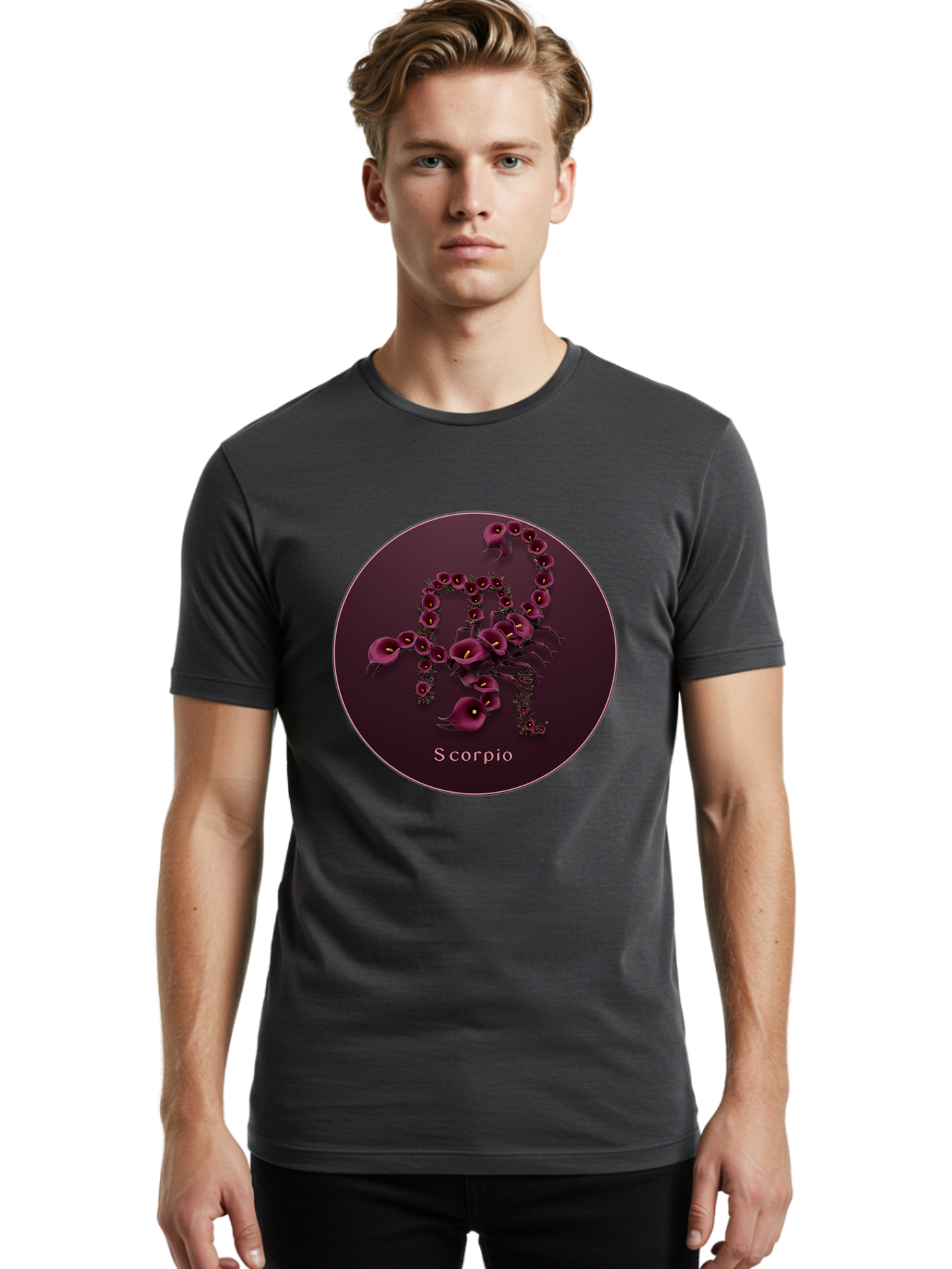 Scorpio Men'S Graphic Tee, 100% Cotton, Comfortable Casual Summer Wear, Machine Washable, Scorpion Symbol, Calla Lily Flowers, Floral Arrangement, Dark Pink Blooms, Astrology Sign, Zodiac Symbol, Scorpio, Mysterious Design, Elegant Flowers Bae268 18