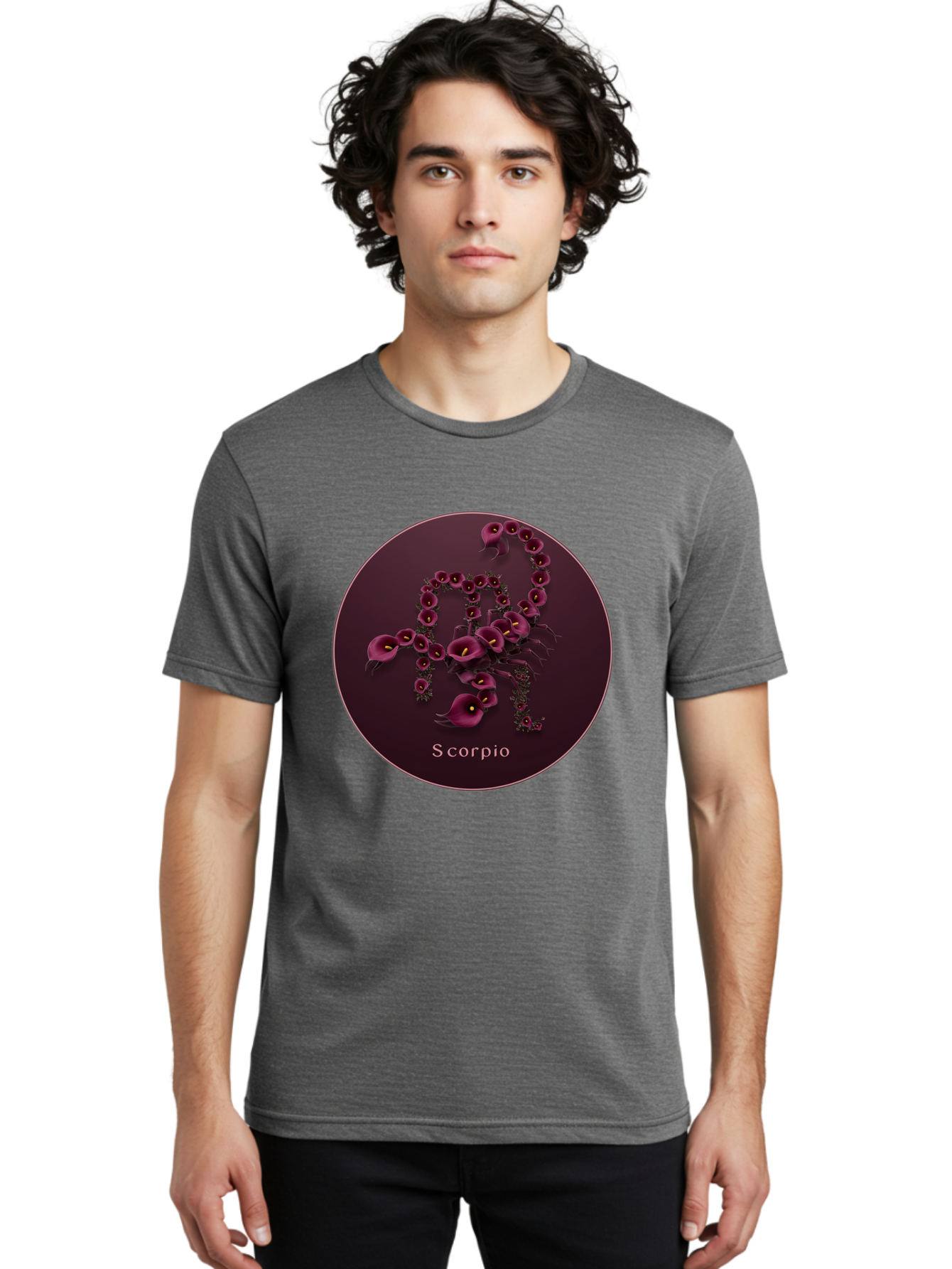 Scorpio Men'S Graphic Tee, 100% Cotton, Comfortable Casual Summer Wear, Machine Washable, Scorpion Symbol, Calla Lily Flowers, Floral Arrangement, Dark Pink Blooms, Astrology Sign, Zodiac Symbol, Scorpio, Mysterious Design, Elegant Flowers Bae268 28
