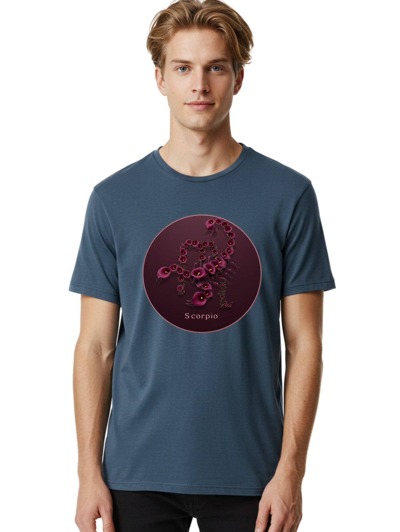 Scorpio Men'S Graphic Tee, 100% Cotton, Comfortable Casual Summer Wear, Machine Washable, Scorpion Symbol, Calla Lily Flowers, Floral Arrangement, Dark Pink Blooms, Astrology Sign, Zodiac Symbol, Scorpio, Mysterious Design, Elegant Flowers Bae268 24