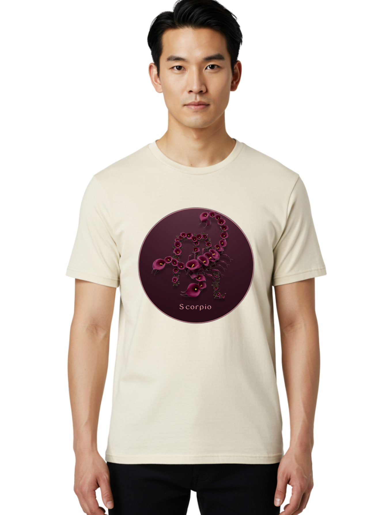 Scorpio Men'S Graphic Tee, 100% Cotton, Comfortable Casual Summer Wear, Machine Washable, Scorpion Symbol, Calla Lily Flowers, Floral Arrangement, Dark Pink Blooms, Astrology Sign, Zodiac Symbol, Scorpio, Mysterious Design, Elegant Flowers Bae268 30