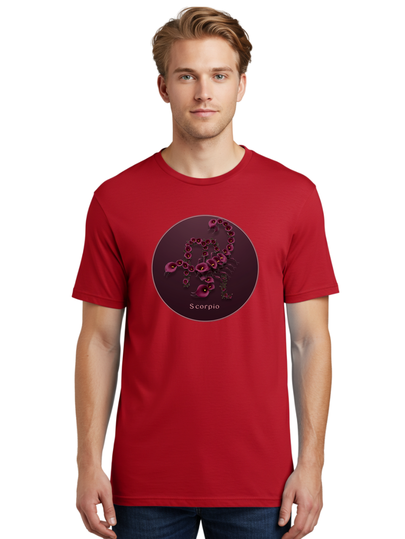Scorpio Men'S Graphic Tee, 100% Cotton, Comfortable Casual Summer Wear, Machine Washable, Scorpion Symbol, Calla Lily Flowers, Floral Arrangement, Dark Pink Blooms, Astrology Sign, Zodiac Symbol, Scorpio, Mysterious Design, Elegant Flowers Bae268 27