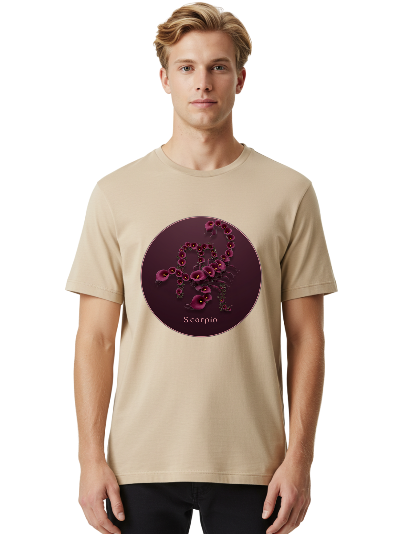 Scorpio Men'S Graphic Tee, 100% Cotton, Comfortable Casual Summer Wear, Machine Washable, Scorpion Symbol, Calla Lily Flowers, Floral Arrangement, Dark Pink Blooms, Astrology Sign, Zodiac Symbol, Scorpio, Mysterious Design, Elegant Flowers Bae268 23