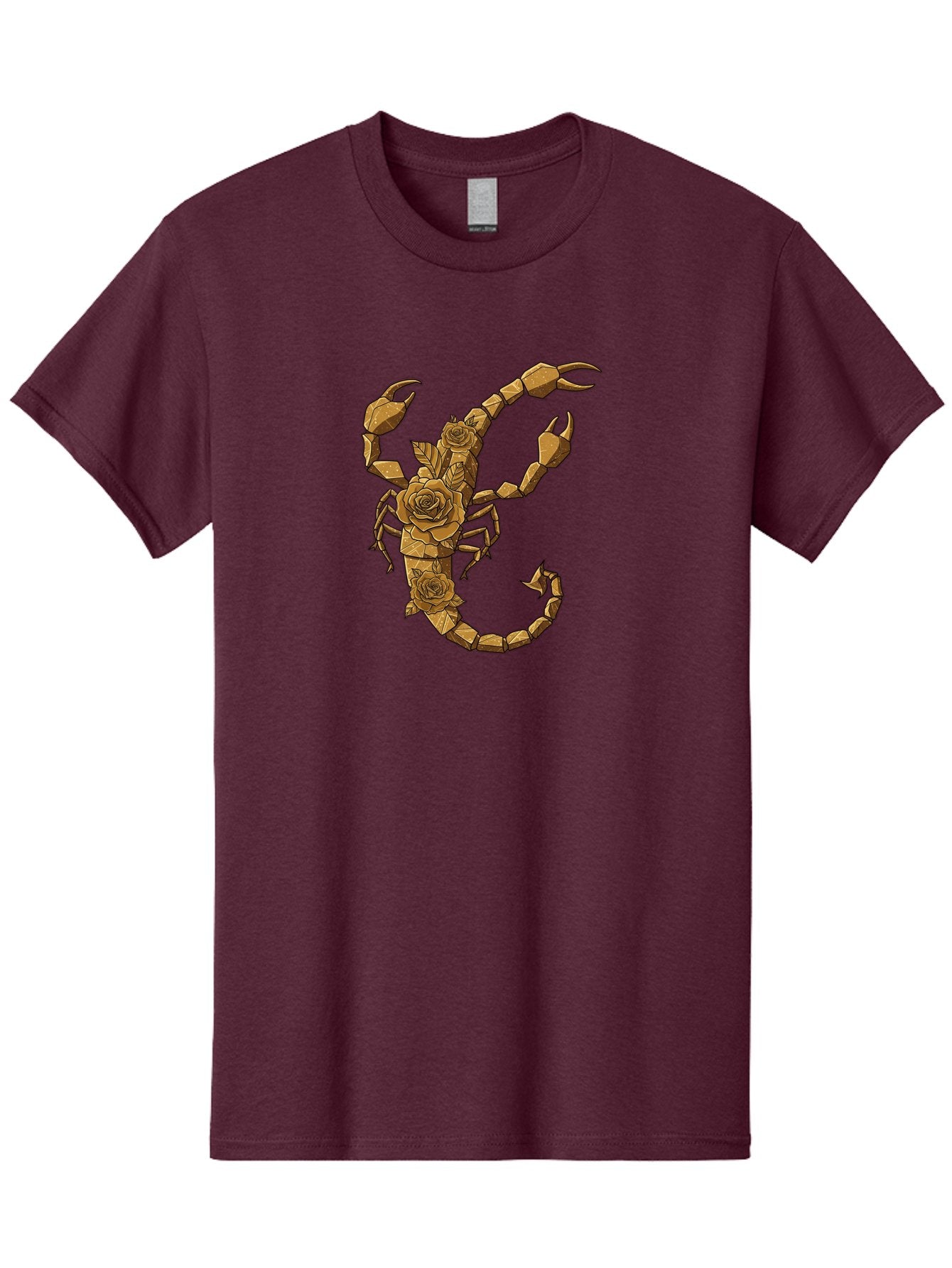 Scorpion-With-Roses Men'S Graphic Tee, 100% Cotton, Comfortable Casual Summer Wear, Machine Washable, Geometric Gold Scorpion, Roses On Body, Gold Roses And Scorpion Fusion, Intricate Design, Low Poly Art, Animal And Flower Art, Bae269
