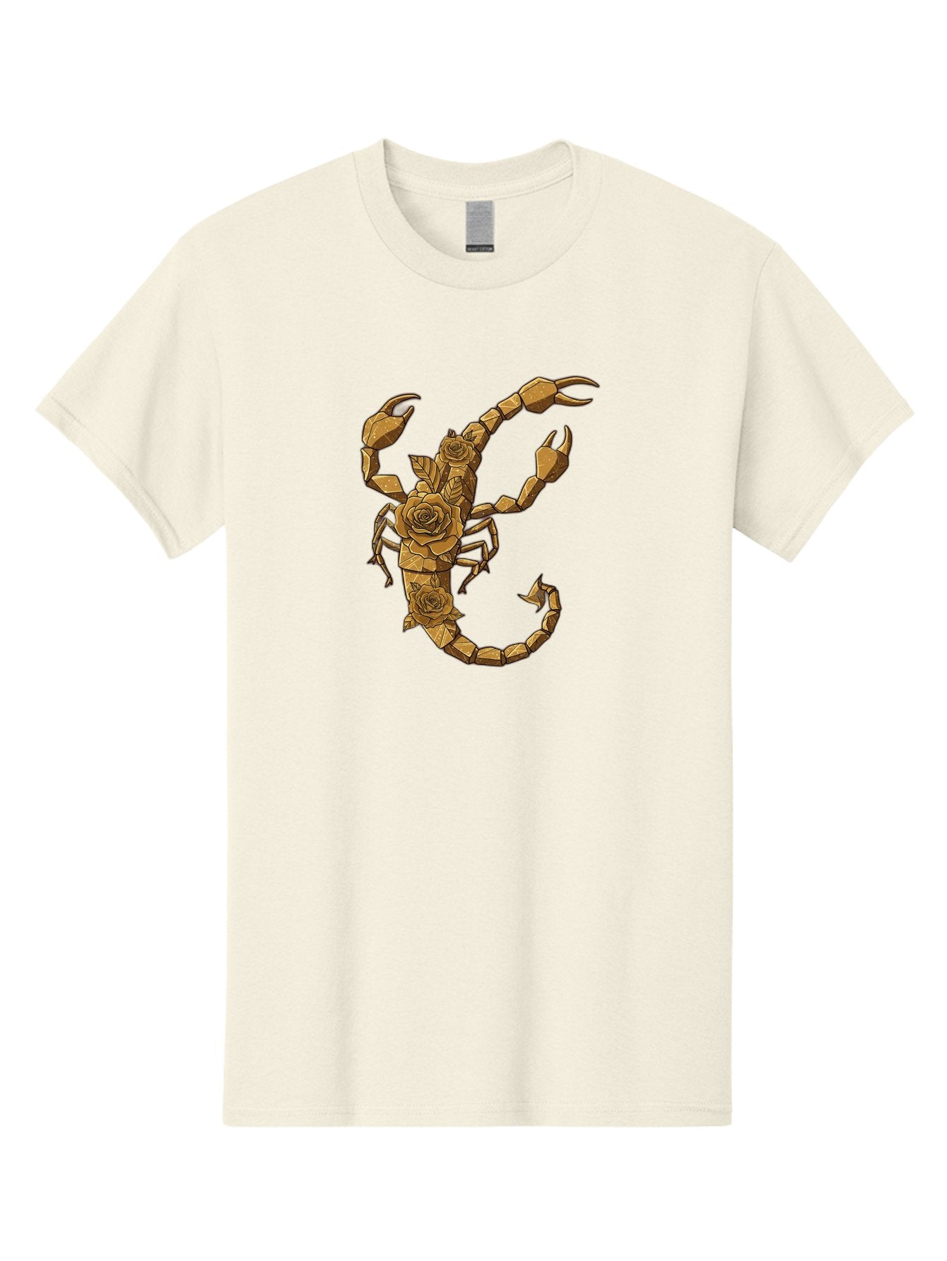 Scorpion-With-Roses Men'S Graphic Tee, 100% Cotton, Comfortable Casual Summer Wear, Machine Washable, Geometric Gold Scorpion, Roses On Body, Gold Roses And Scorpion Fusion, Intricate Design, Low Poly Art, Animal And Flower Art, Bae269 3