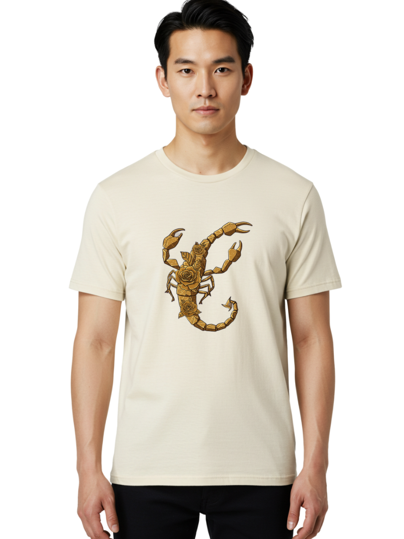 Scorpion-With-Roses Men'S Graphic Tee, 100% Cotton, Comfortable Casual Summer Wear, Machine Washable, Geometric Gold Scorpion, Roses On Body, Gold Roses And Scorpion Fusion, Intricate Design, Low Poly Art, Animal And Flower Art, Bae269 24