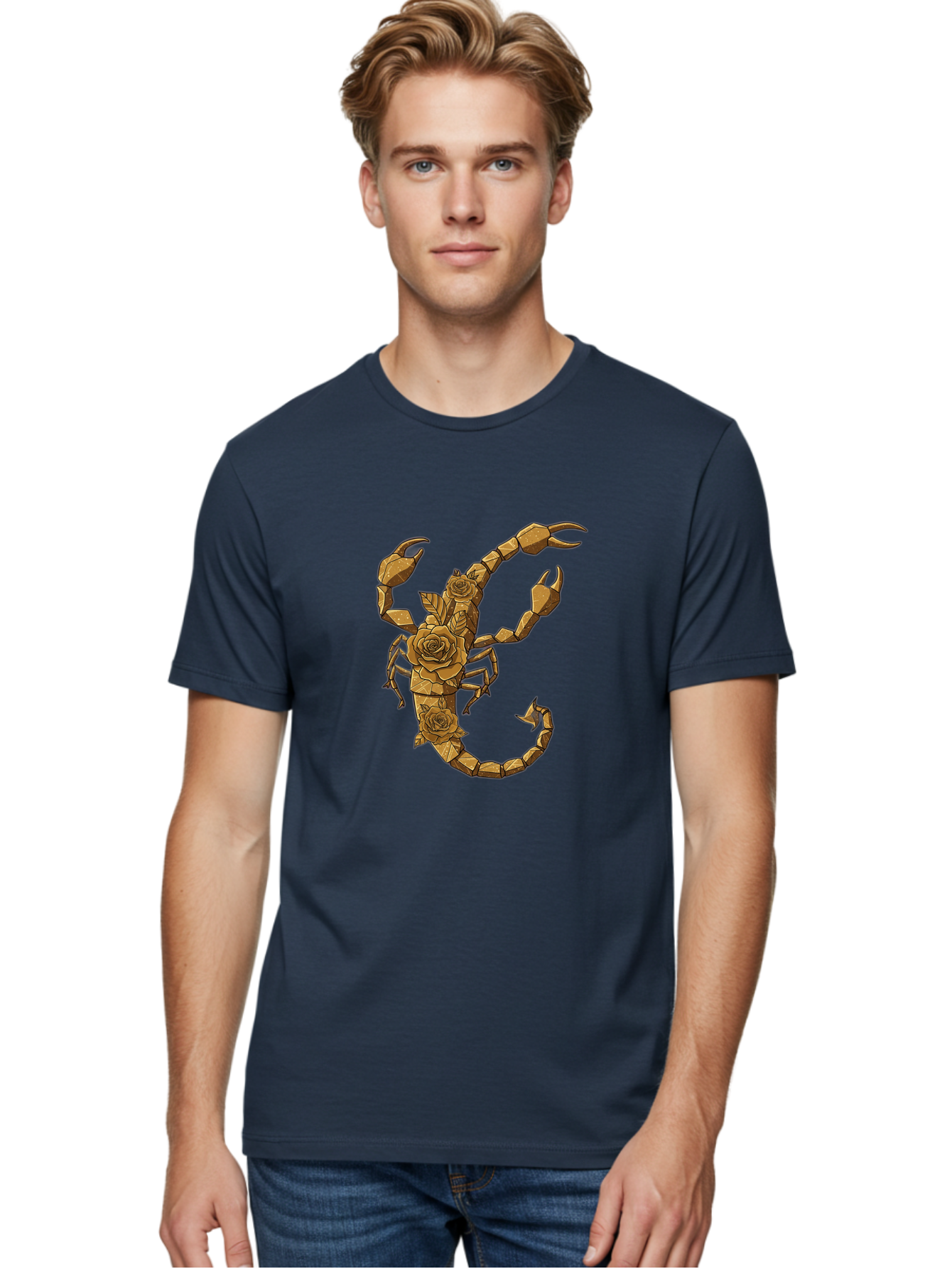 Scorpion-With-Roses Men'S Graphic Tee, 100% Cotton, Comfortable Casual Summer Wear, Machine Washable, Geometric Gold Scorpion, Roses On Body, Gold Roses And Scorpion Fusion, Intricate Design, Low Poly Art, Animal And Flower Art, Bae269 22