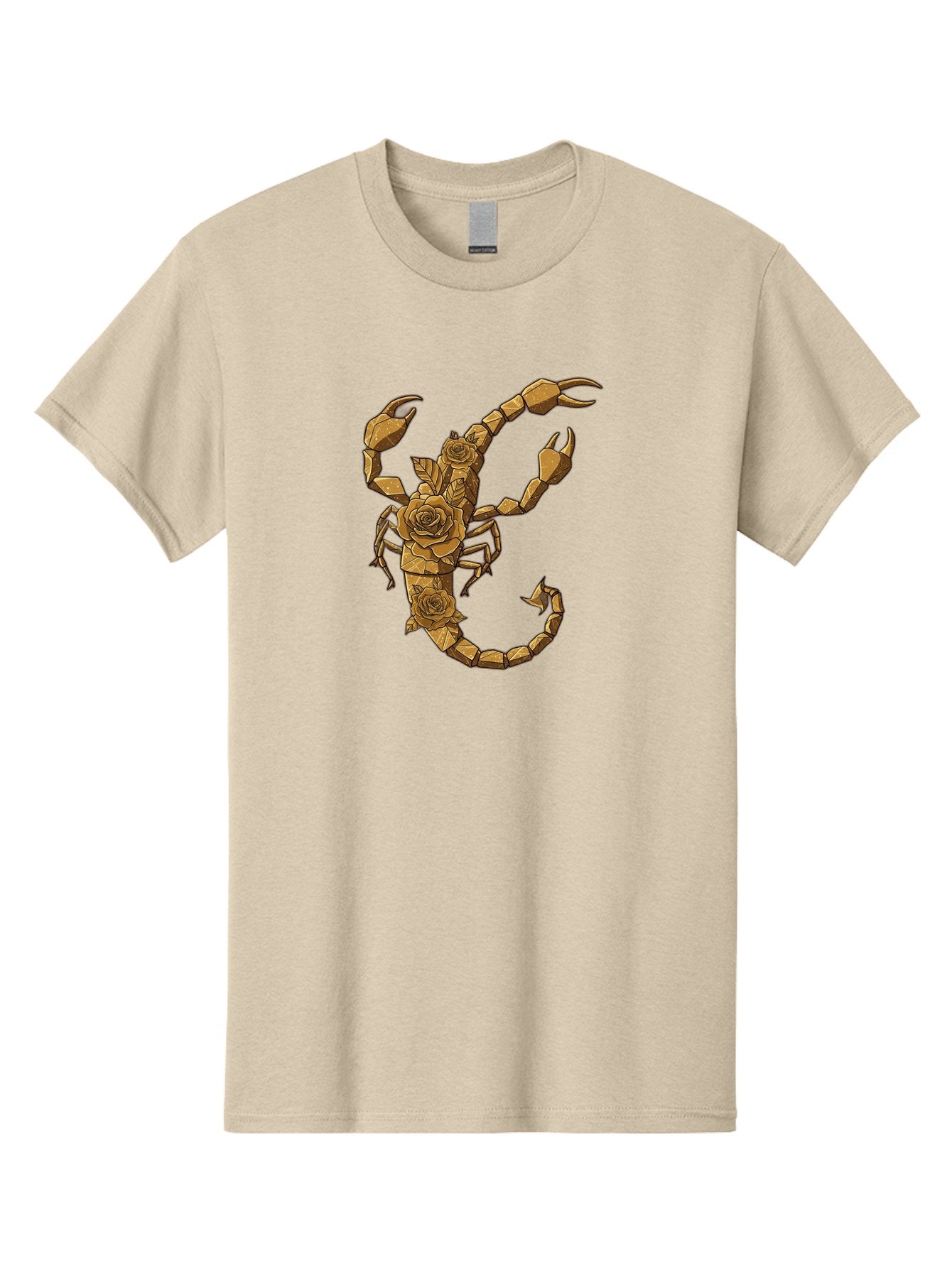 Scorpion-With-Roses Men'S Graphic Tee, 100% Cotton, Comfortable Casual Summer Wear, Machine Washable, Geometric Gold Scorpion, Roses On Body, Gold Roses And Scorpion Fusion, Intricate Design, Low Poly Art, Animal And Flower Art, Bae269 4