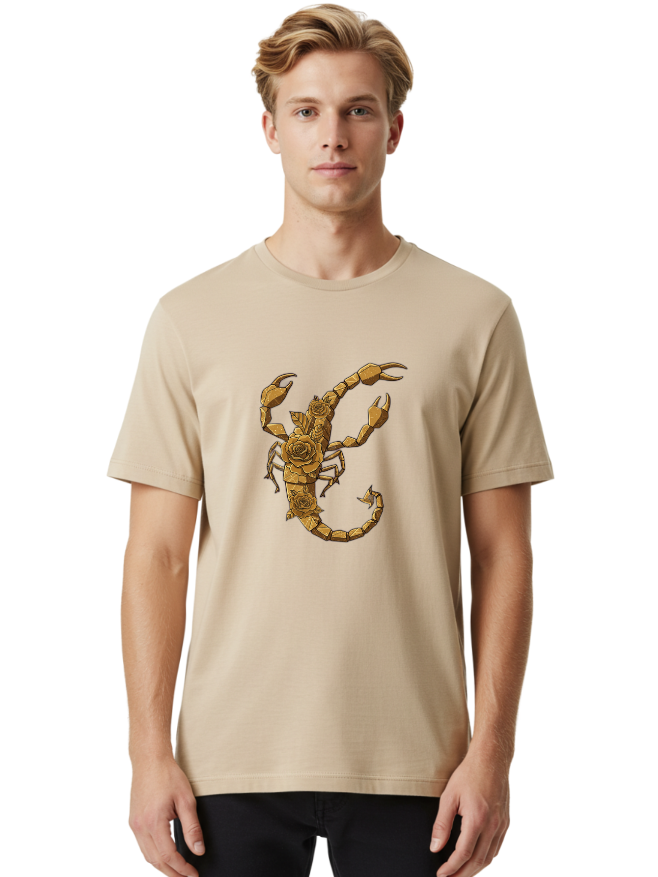 Scorpion-With-Roses Men'S Graphic Tee, 100% Cotton, Comfortable Casual Summer Wear, Machine Washable, Geometric Gold Scorpion, Roses On Body, Gold Roses And Scorpion Fusion, Intricate Design, Low Poly Art, Animal And Flower Art, Bae269 27