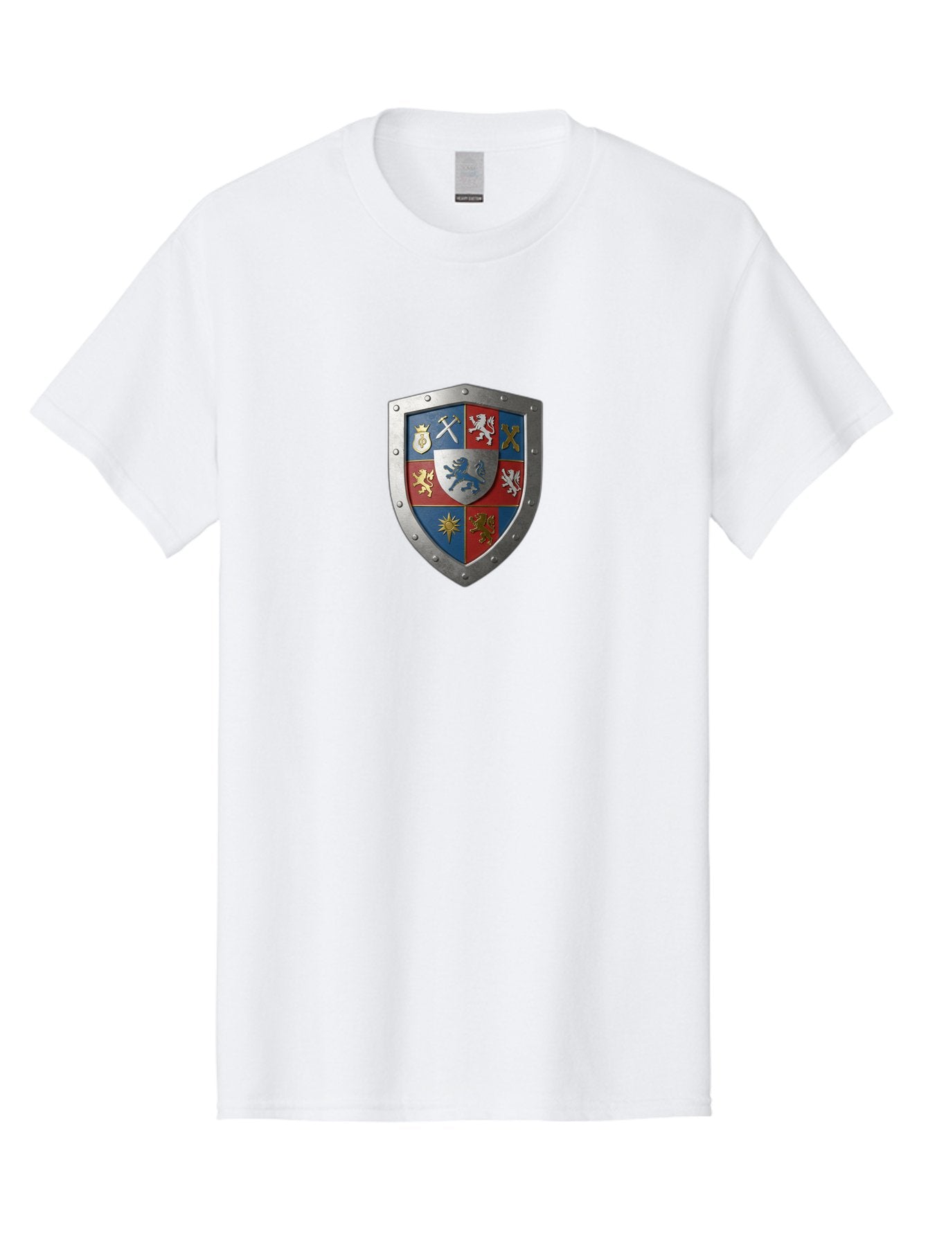 Shield-With-Coat-Of-Arms Men'S Graphic Tee, 100% Cotton, Comfortable Casual Summer Wear, Machine Washable, Shield Emblem, Coat Of Arms, Heraldic Shield, Medieval Symbol, Lion Emblem, Eagle Symbol, Crown Icon, Crossed Swords, Knight'S Armor, Bae270