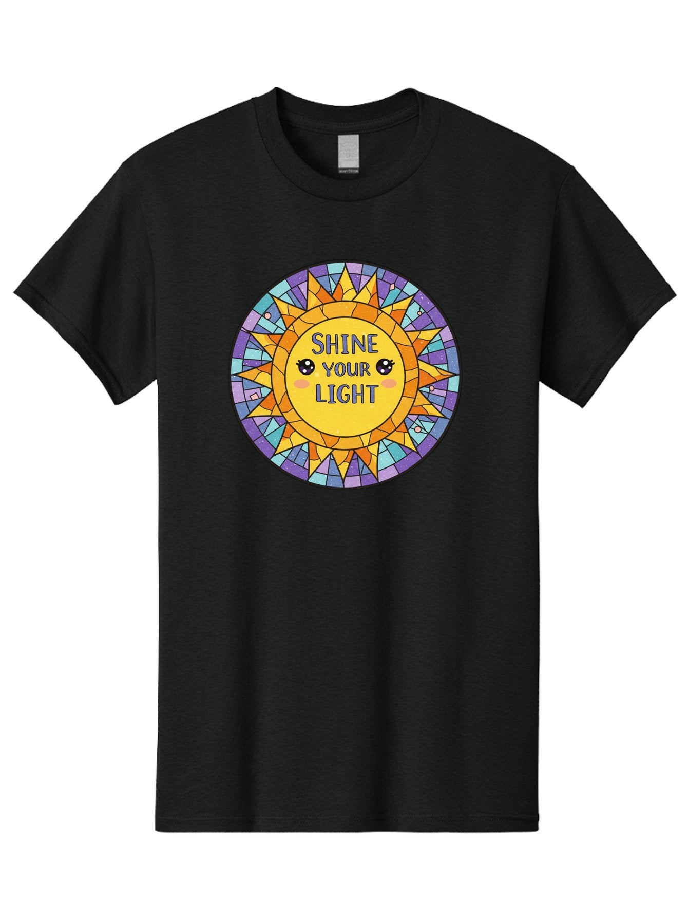 Shine-Your-Light-1 Men'S Graphic Tee, 100% Cotton, Comfortable Casual Summer Wear, Machine Washable, Stained Glass Sun, Inspirational Quote, Motivational Message, Cartoon Sun, Shine Your Light, Positivity, Encouragement, Colorful Graphic, Bae271 7